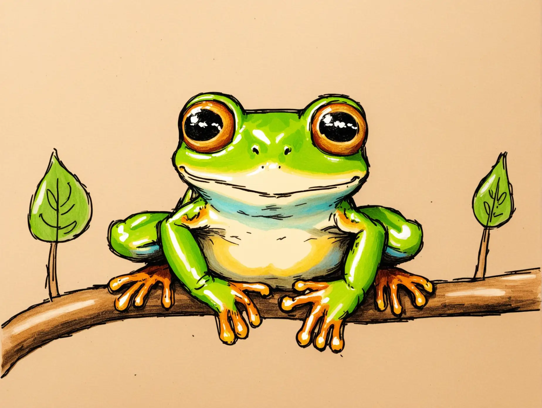 kids drawing of a young smiling tree frog facing front