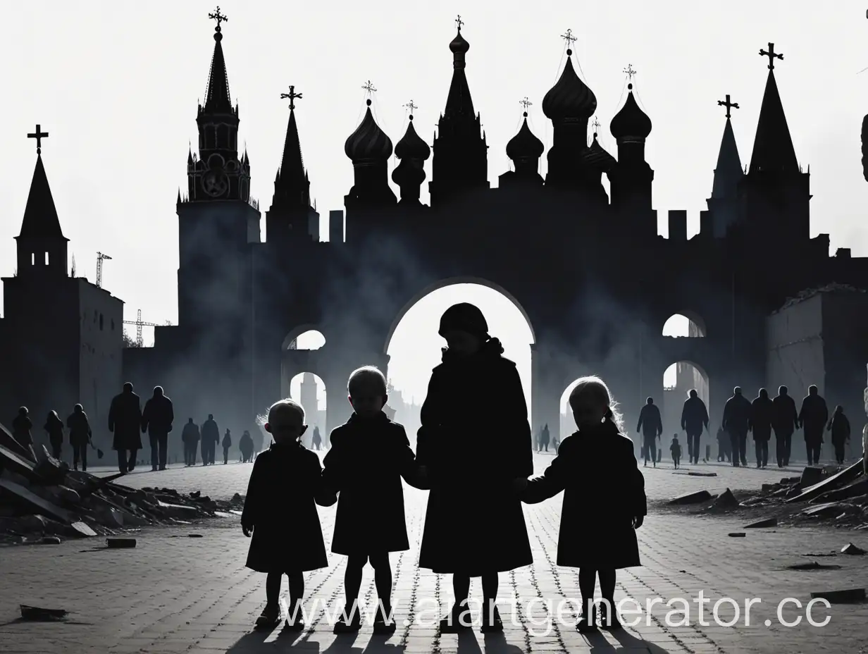 Black-Silhouettes-of-People-Against-Ruins-with-Crying-Children-and-Officials-at-Kremlin