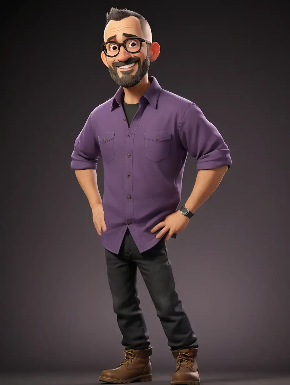 Middle aged male, purple shirt, black jeans, brown work boots, glasses, short clean beard, shaved head, black hair, black stage background, pixar themed, ((show full body)), happy, Puerto Rican