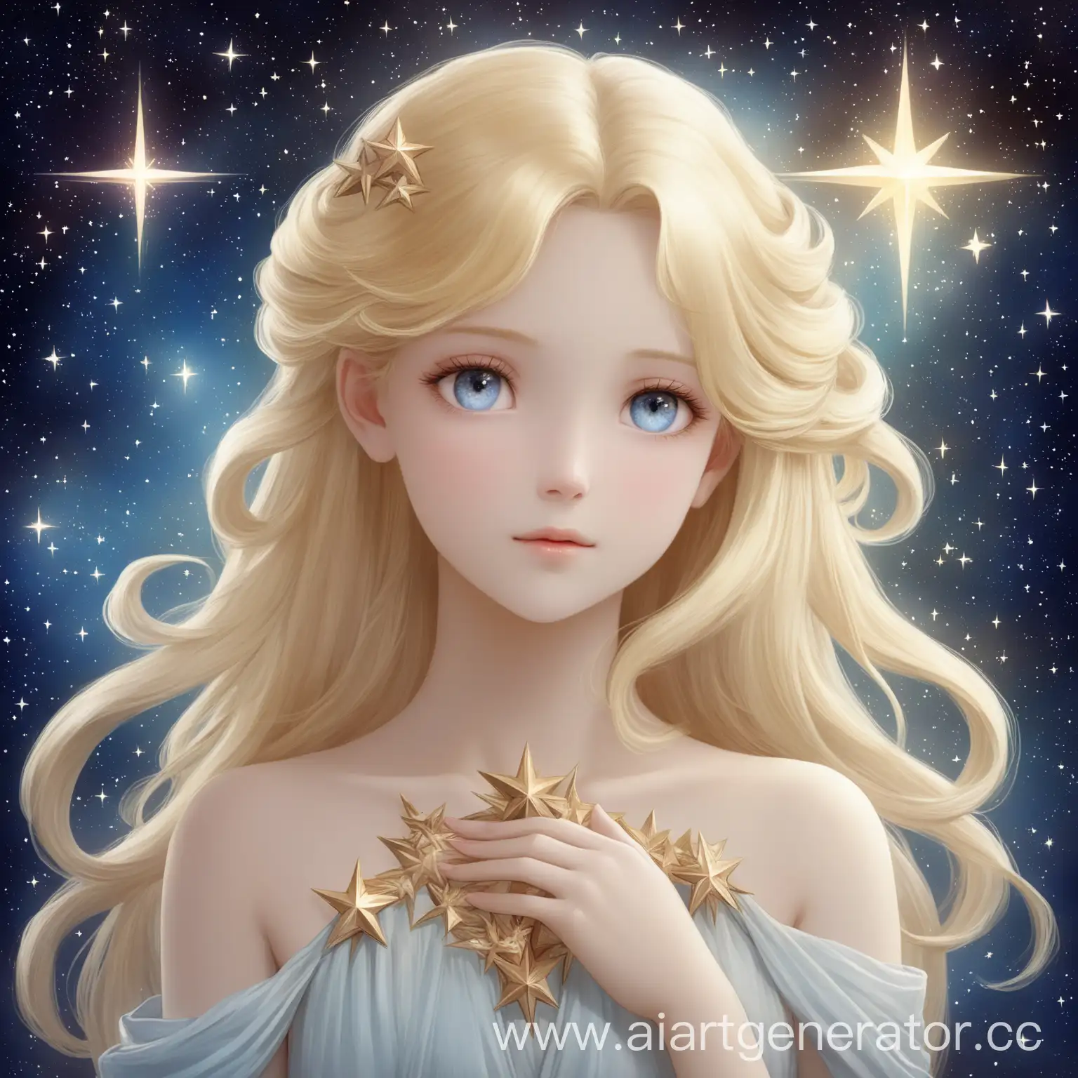 goddess of the stars. gentle girl with a soft, affectionate look and blond hair