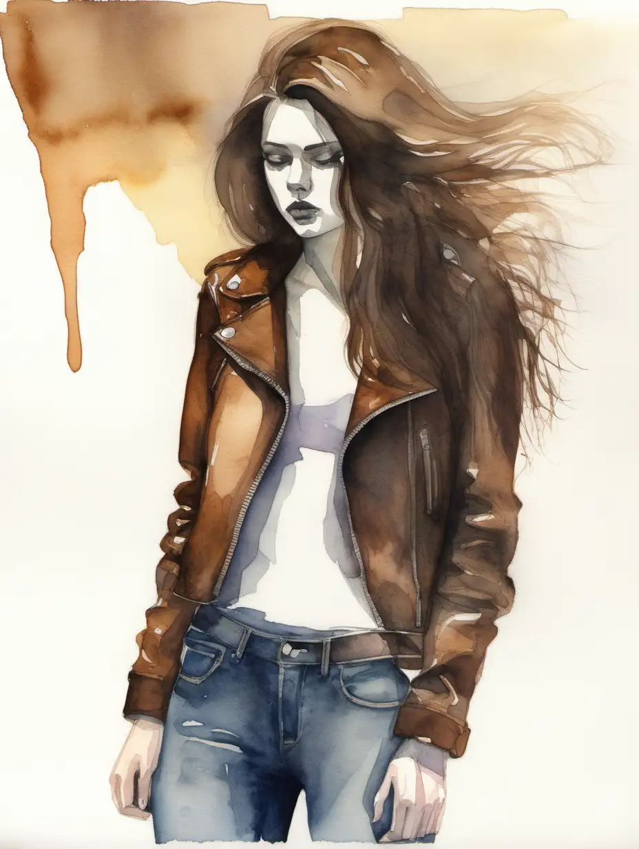Watercolor Portrait of a Young Woman in Brown Leather Jacket and Jeans