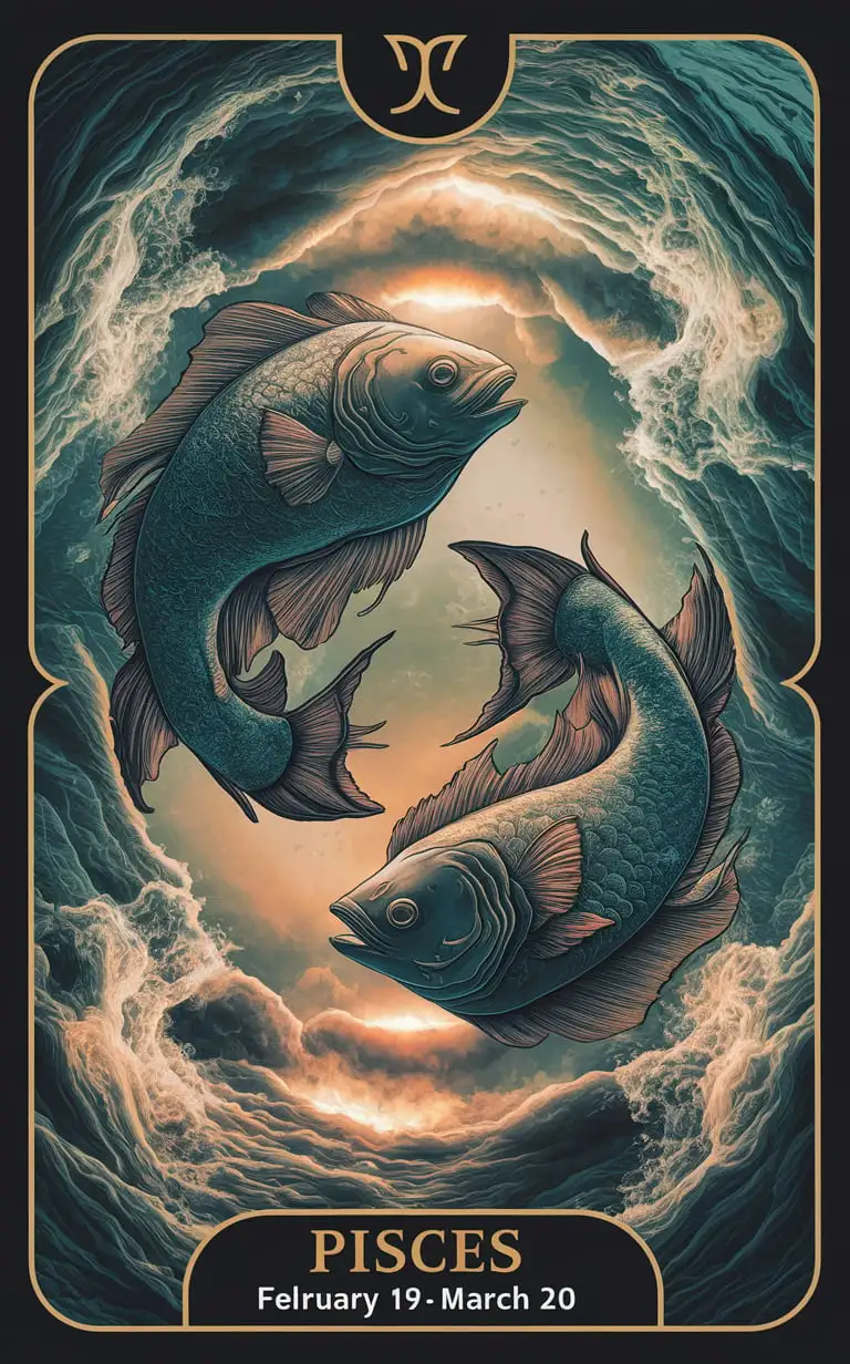 sketch a HQ ""Title: Pisces""hand drawn tarot card featuring ""Subtitle: February 19 - March 20"" premium 14PT black card stock authenticated breathtaking 8k 16k hand drawn visuals /"Two fish swimming in opposite directions, often surrounded by ocean waves, seaweed, or a dreamy, ethereal background."/, complex fandom artwork, Add_Details_XL-fp16 algorithm, 3D octane rendering style (3DMM_V12) with the mdjrny-v4 style, infused with global illumination --q 200 --s 275 --ar 3:4 --chaos 500 --w 500
