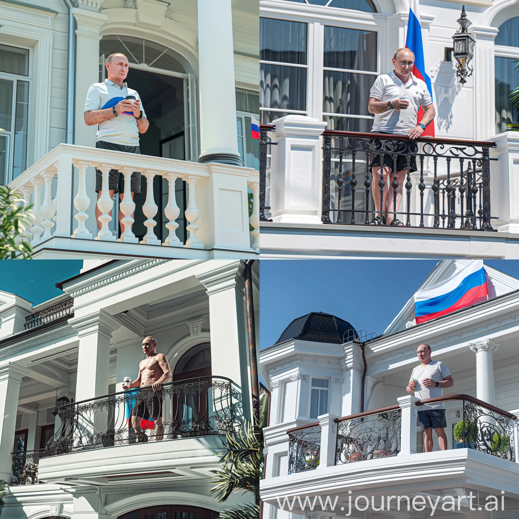 Владимир Путин стоит на балконе своего белого особняка, в шортах, в руках кружка кофе, черные сланцы, 8к, задний фон флаг россии, супер детализация, острый фокус, летнее время года, профессиональное освещение