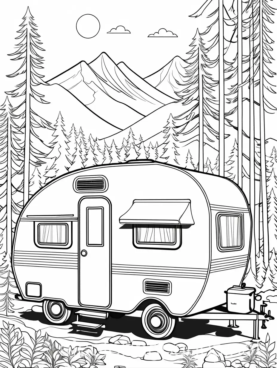 vintage camper, campsite, bon fire,children , thick lines., Coloring Page, black and white, line art, white background, Simplicity, Ample White Space