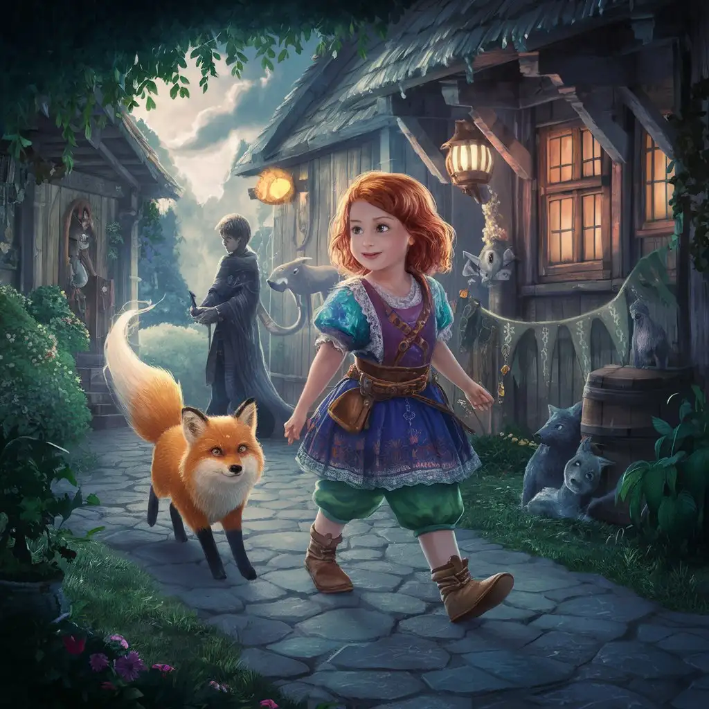 Imaginary Village Girl Meets Fox with Golden Fur and Sparkling Eyes