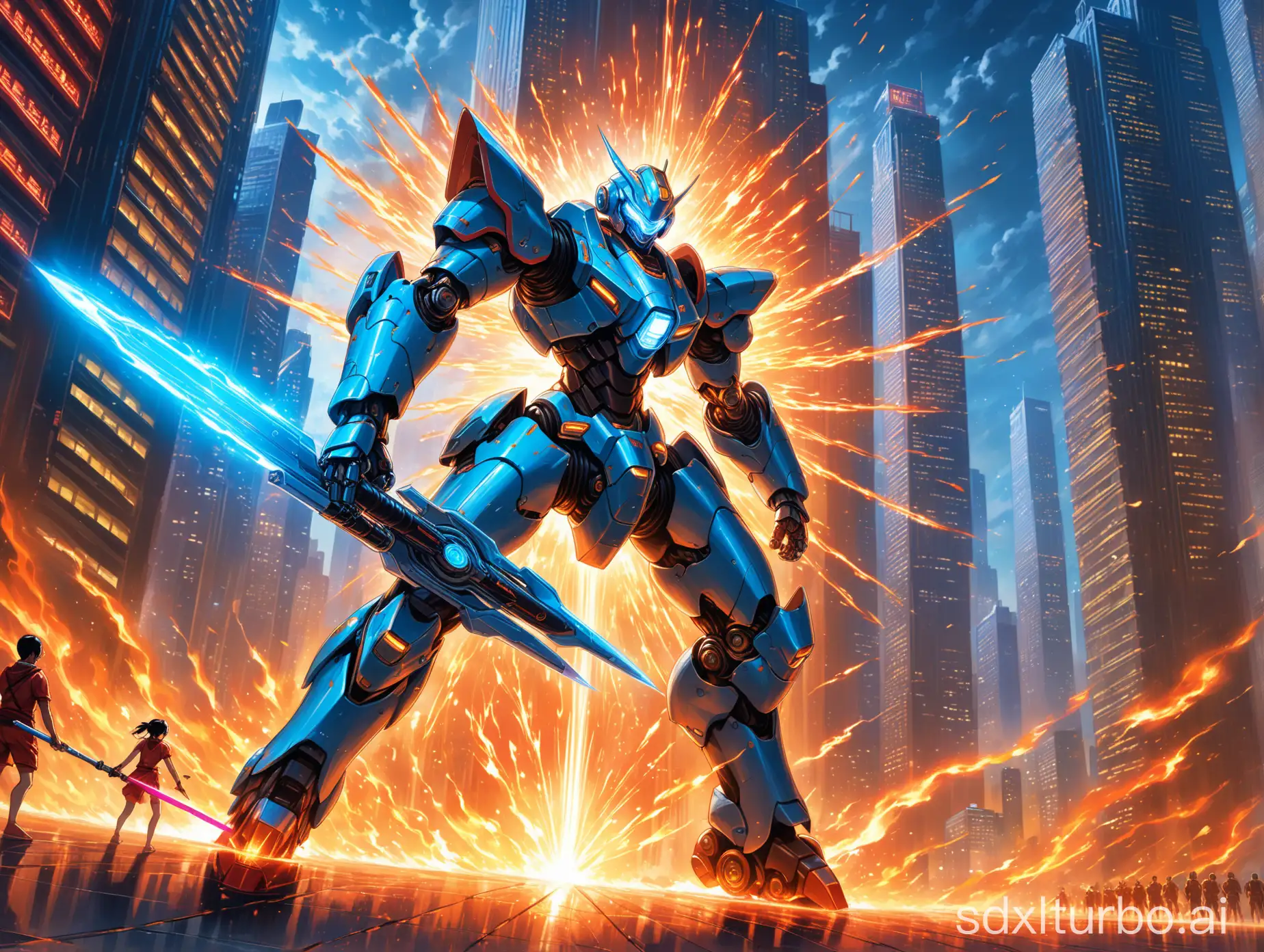 A dynamic and delicate painting that depicts a futuristic robot locked in an exhilarating battle with the traditional-armor-clad Nezha amidst the bustling night sky of a modern metropolis. The robot's silver metallic surface reflects the neon lights of the city, its arm-mounted laser sword emitting a dazzling blue glow, forming sharp beams of light. Nezha, on the other hand, stands bravely on his Wind Fire Wheels, wielding a Flame-tipped Spear enveloped in swirling fire, meeting the robot's challenge head-on. The clash between the two generates an explosive visual effect, with sparks flying and illuminating the towering skyscrapers and the crowd of onlookers below, filling the entire scene with a tense and intense atmosphere.
