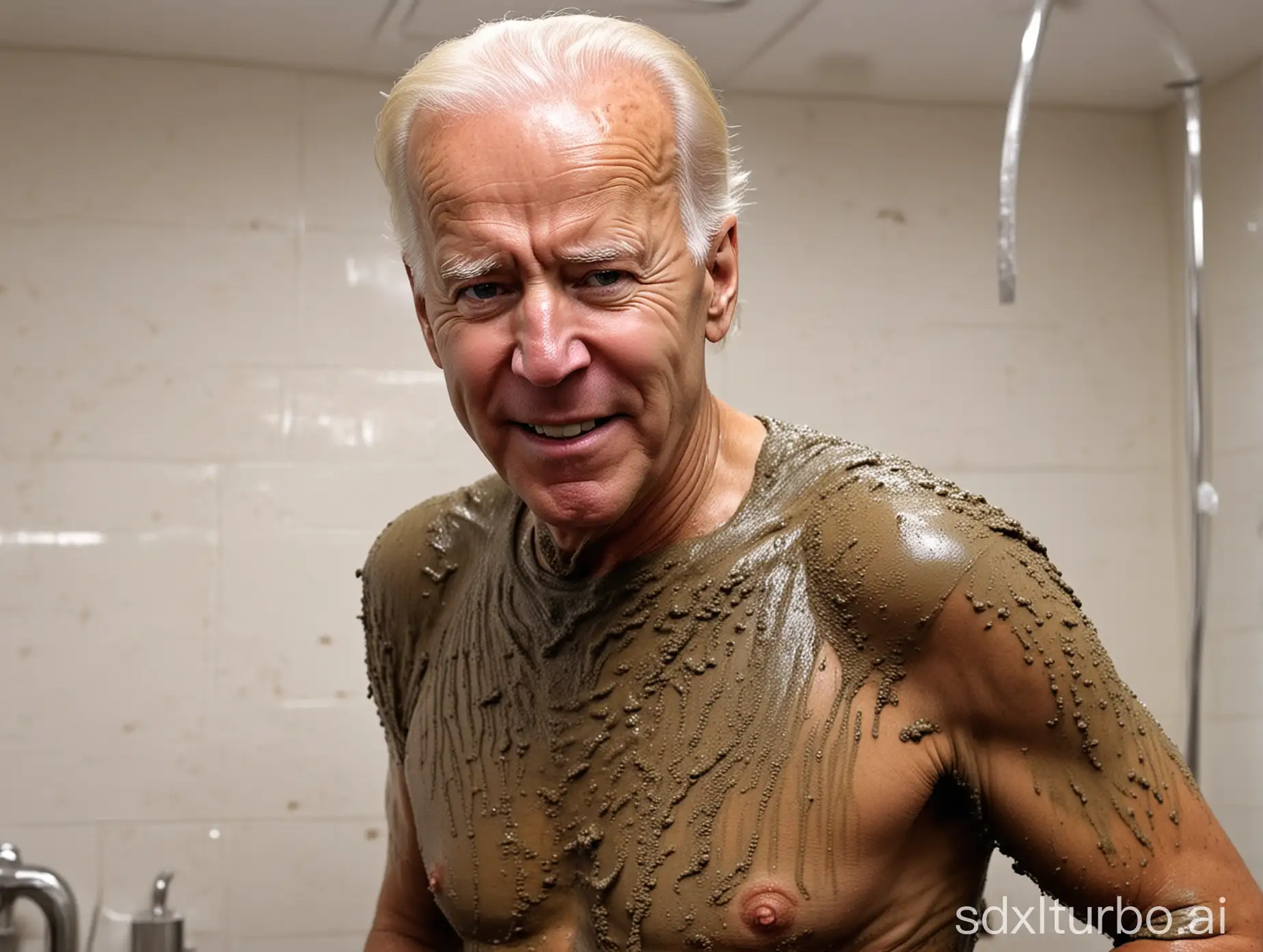 Joe Biden covered in mud in a gas station bathroom