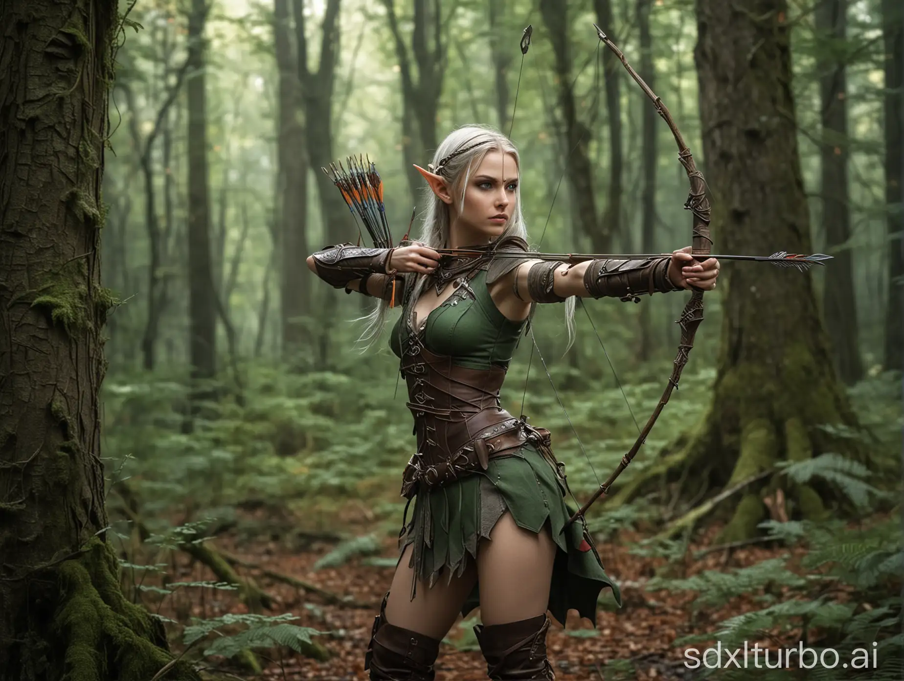 a female fantasy forest elf on the hunt with arrow and bow