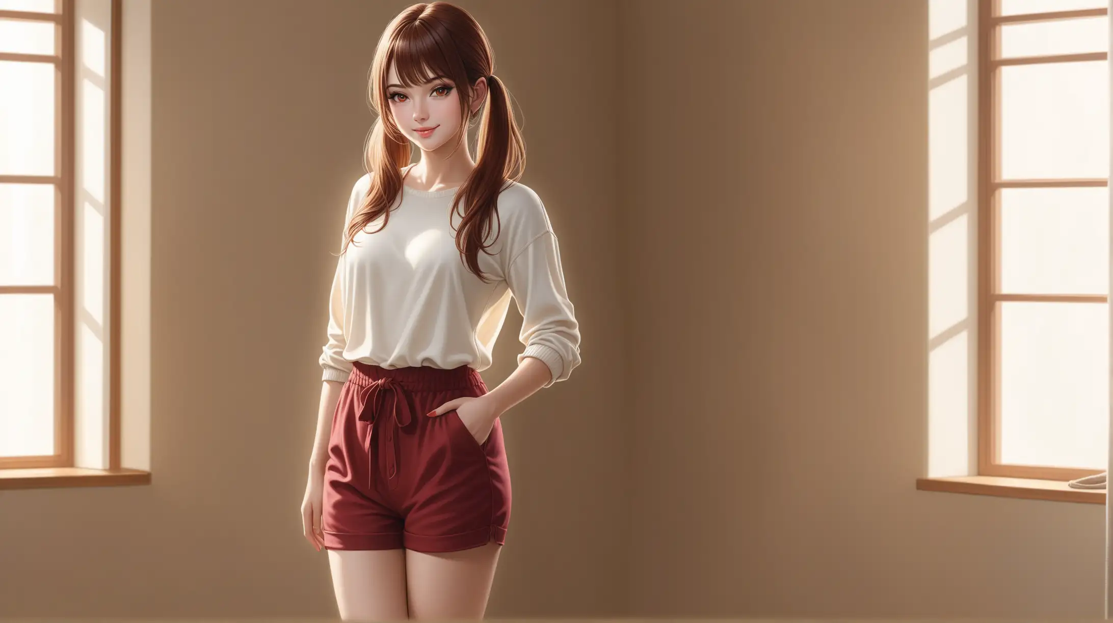 Draw a woman, very long reddish-brown hair that goes past waist, twintails, side locks, side-swept bangs, scarlet eyes, perky figure, high quality, realistic, accurate, detailed, long shot, natural lighting, indoors, full body, standing, casual outfit, seductive pose, smiling at the viewer