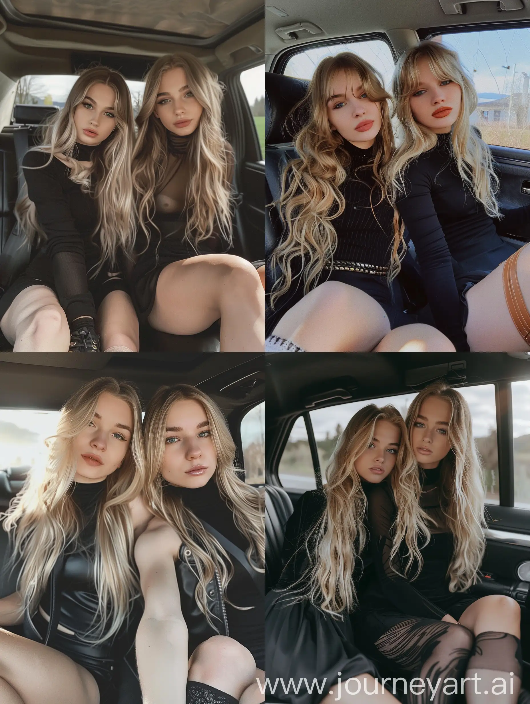2  girls, long blond hair , 22 years old, inside car,  influencer, beauty ,,  black dress,  , makeup,, sitting on car , socks and boots, no effect, selfie , iphone selfie, no filters , iphone photo natural