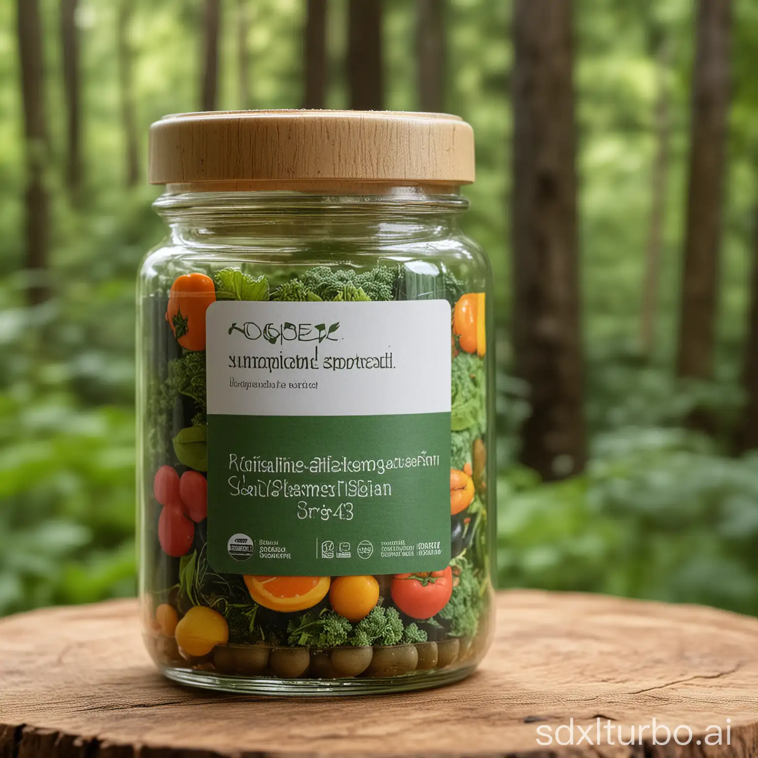 A close-up of a pack of brightly colored, organic superfood supplements. The supplements are in a glass jar with a wooden lid. The background is a blurred image of a lush, green forest.