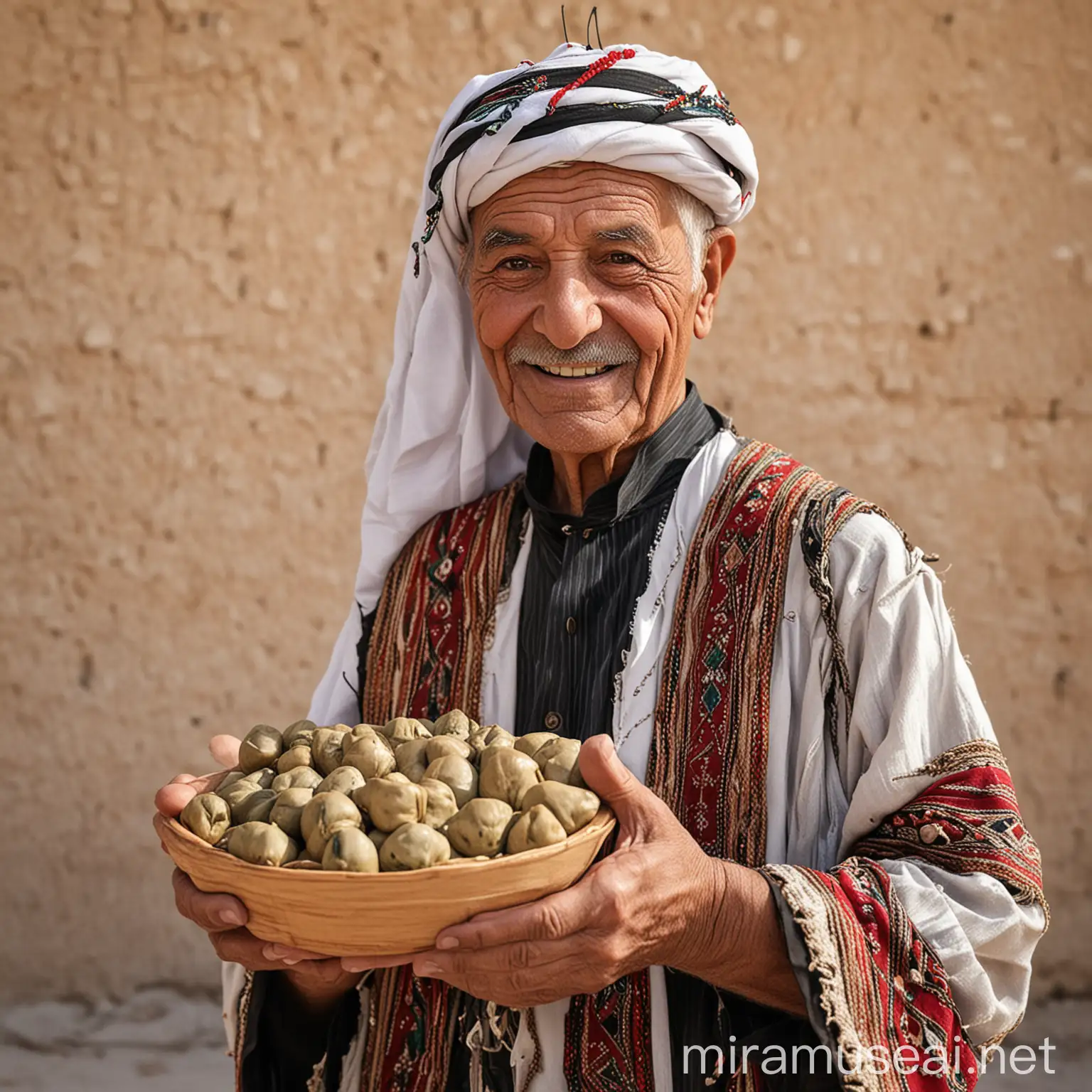 رجل كبير في السن - عربي الجنسية - يرتدي الملابس الشعبية في الأردن - يحمل في يديه المنسف الأردني - ملامح وجهه سعيدة