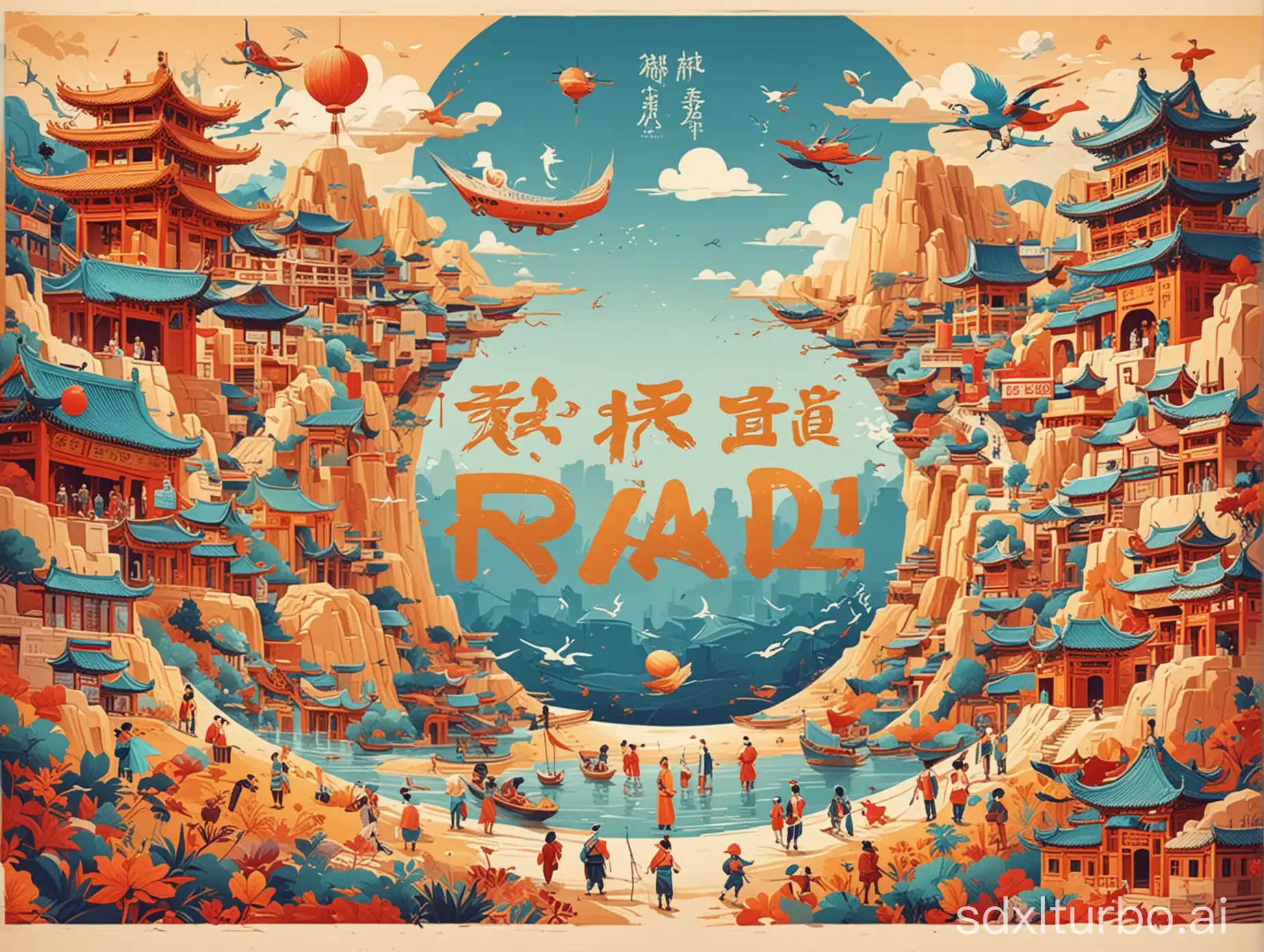 Belt and Road, science and technology, Chinese culture, harmony style, planar design, flat design, poster style, rich color palette, children's painting style
