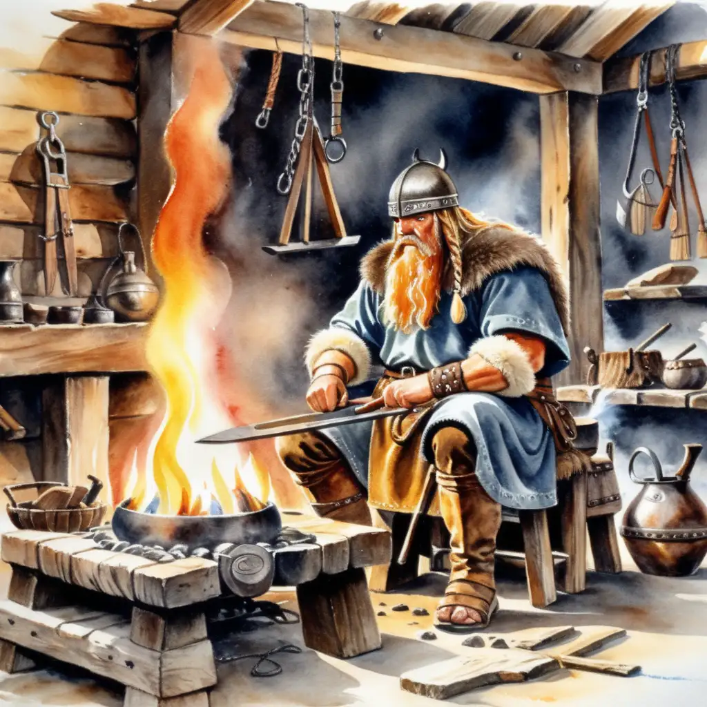 Viking Blacksmith Crafting in Authentic Forge Watercolor Art