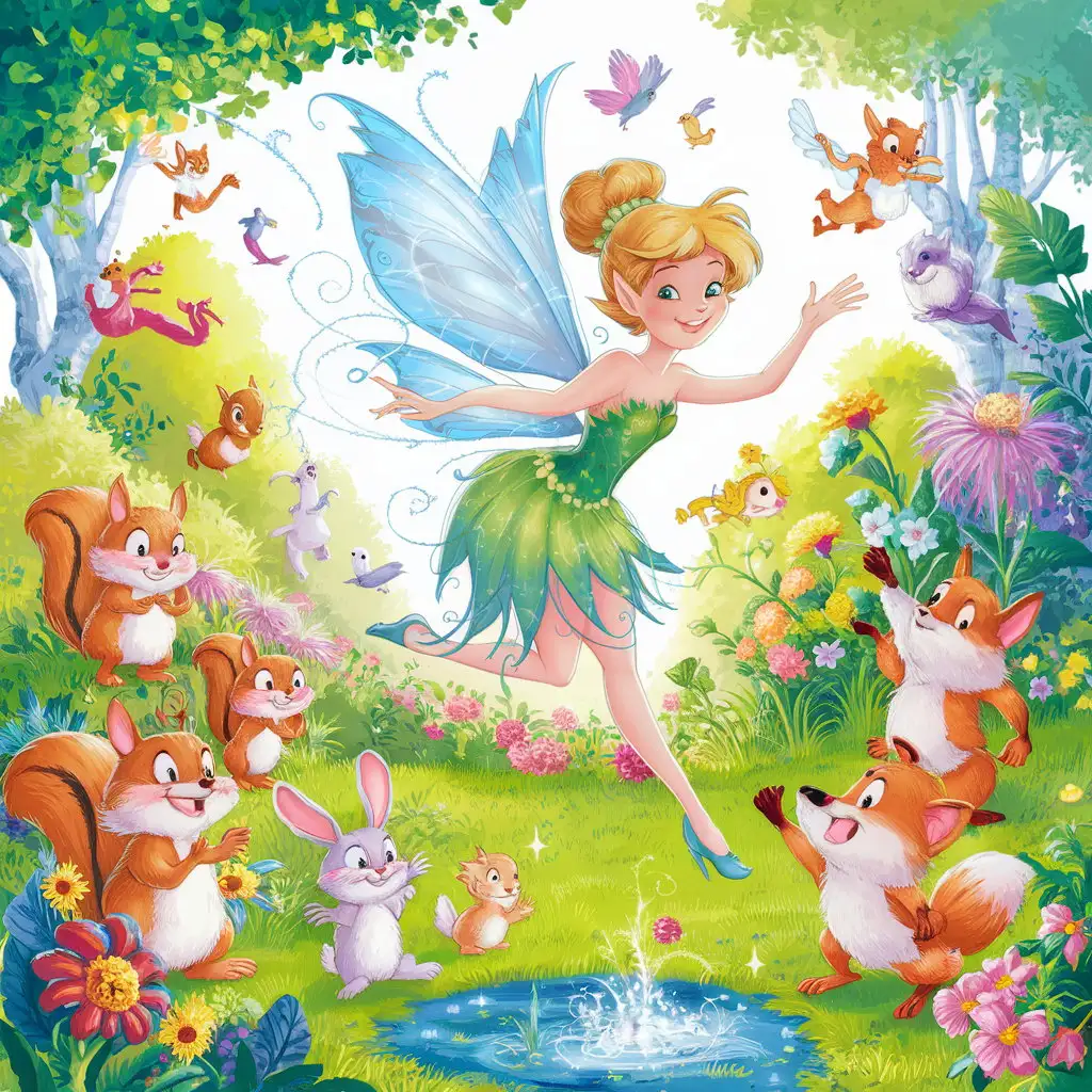 Fairy Flying Among Happy Animals in a Lush Garden