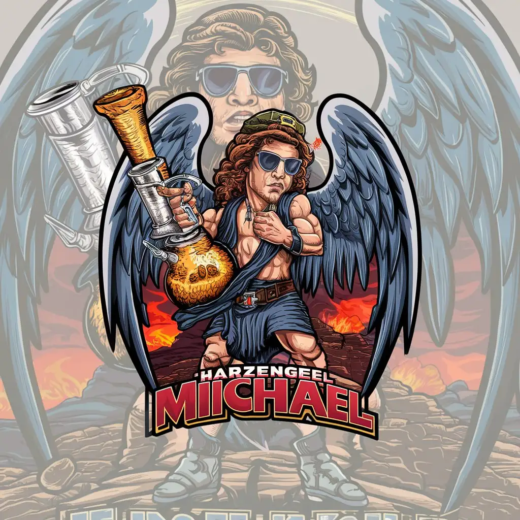 a logo design,with the text Micha, main symbol:A powerful angel named Harzengel Michael stands in a fighting stance and smokes cannabis from a bong. His garment reads Harzengel Michael. He wears a pilot's sunglasses,complex,he comes out from the hell background with a giant bong and much rosin to smoke