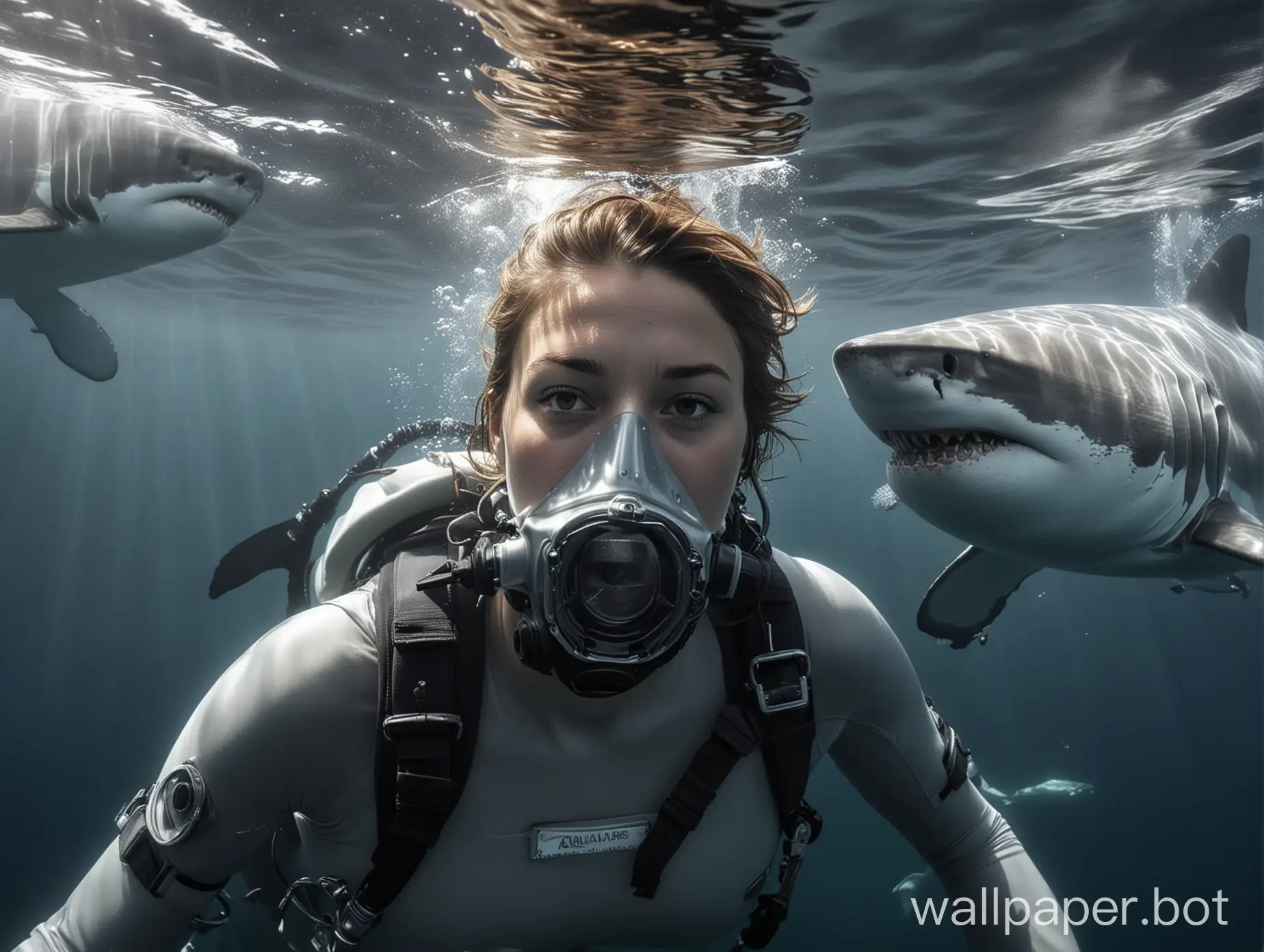 a beautiful female diver with a large chest is swimming underwater, in a diving suit, an aqualung on her back, a breathing mask connected to the aqualung on her head, underwater view, in the background a huge mouth of a white shark in close-up, photorealism