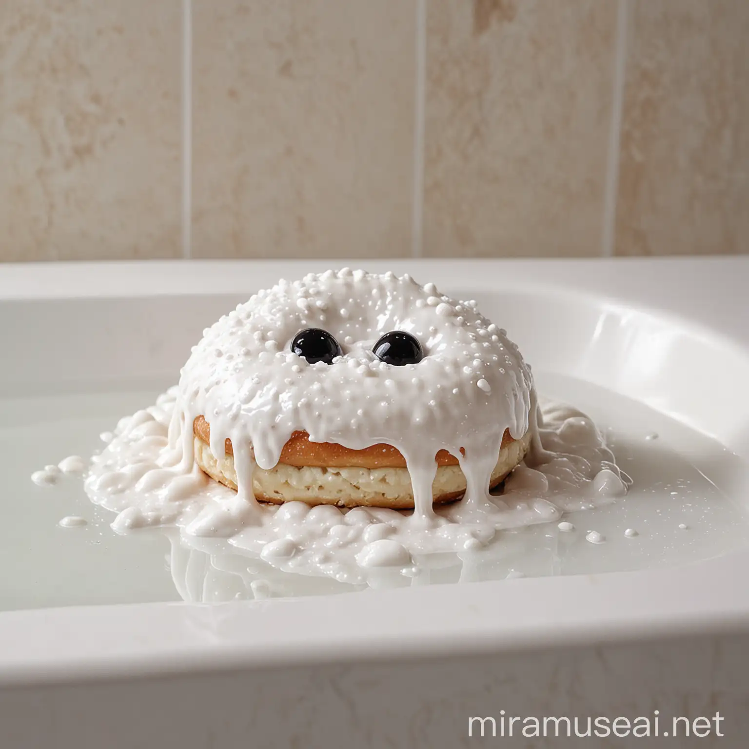 dougnut with white slime on its top, tempting color, on bathroom