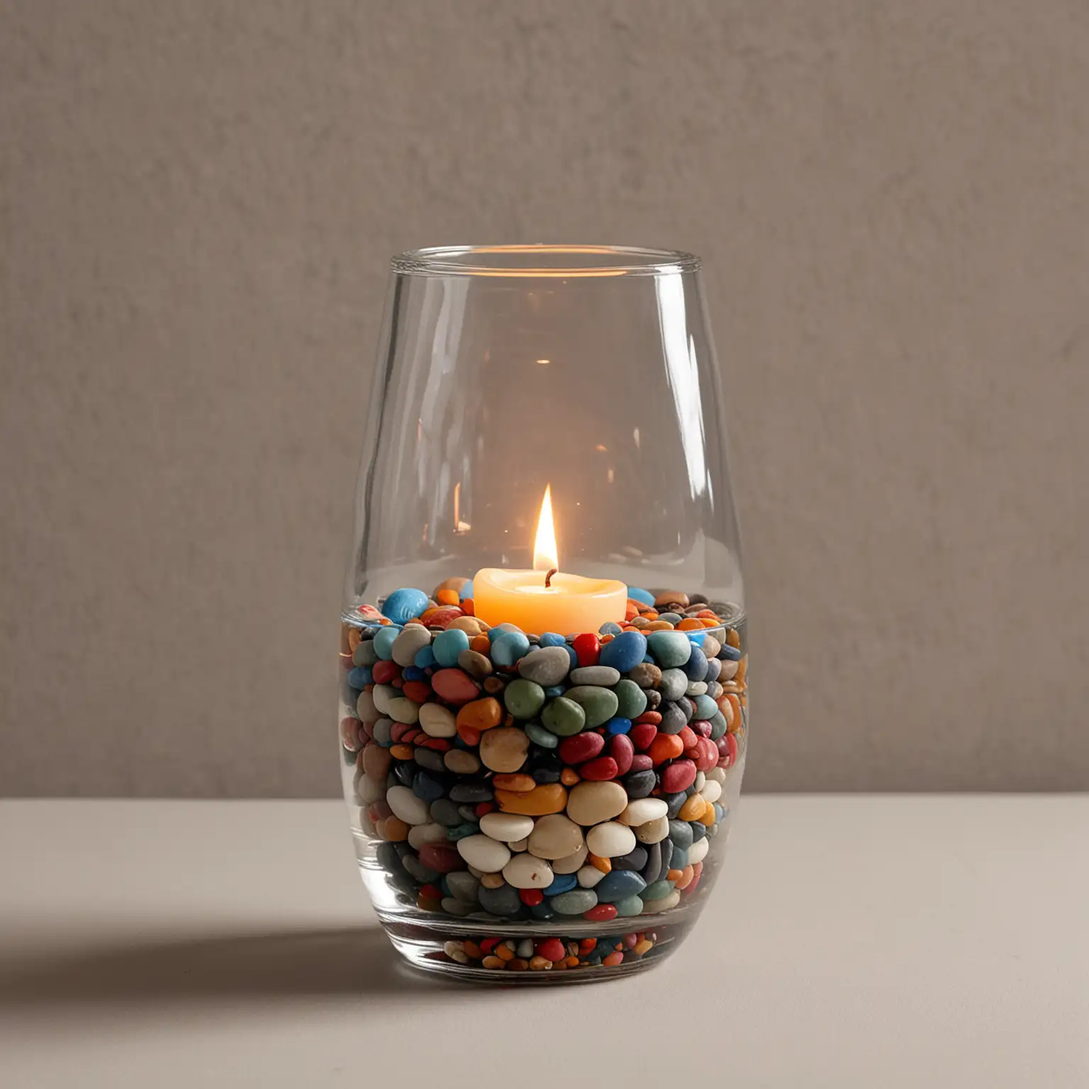 A single glass bud vase filled with layers of colored pebbles and water with a single tealight on top 