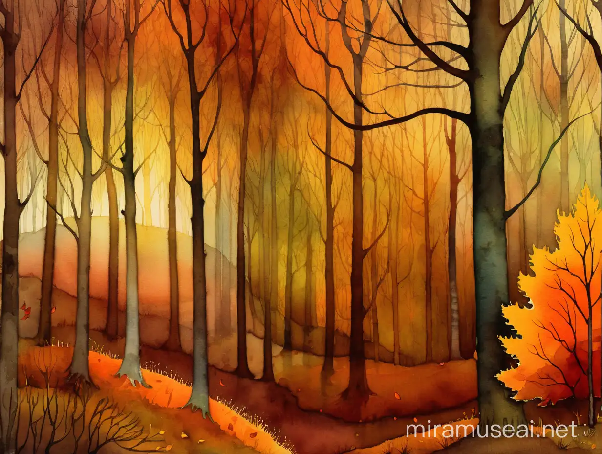 Enchanting Autumn Forest Scene Watercolor Art by Andy Kehoe