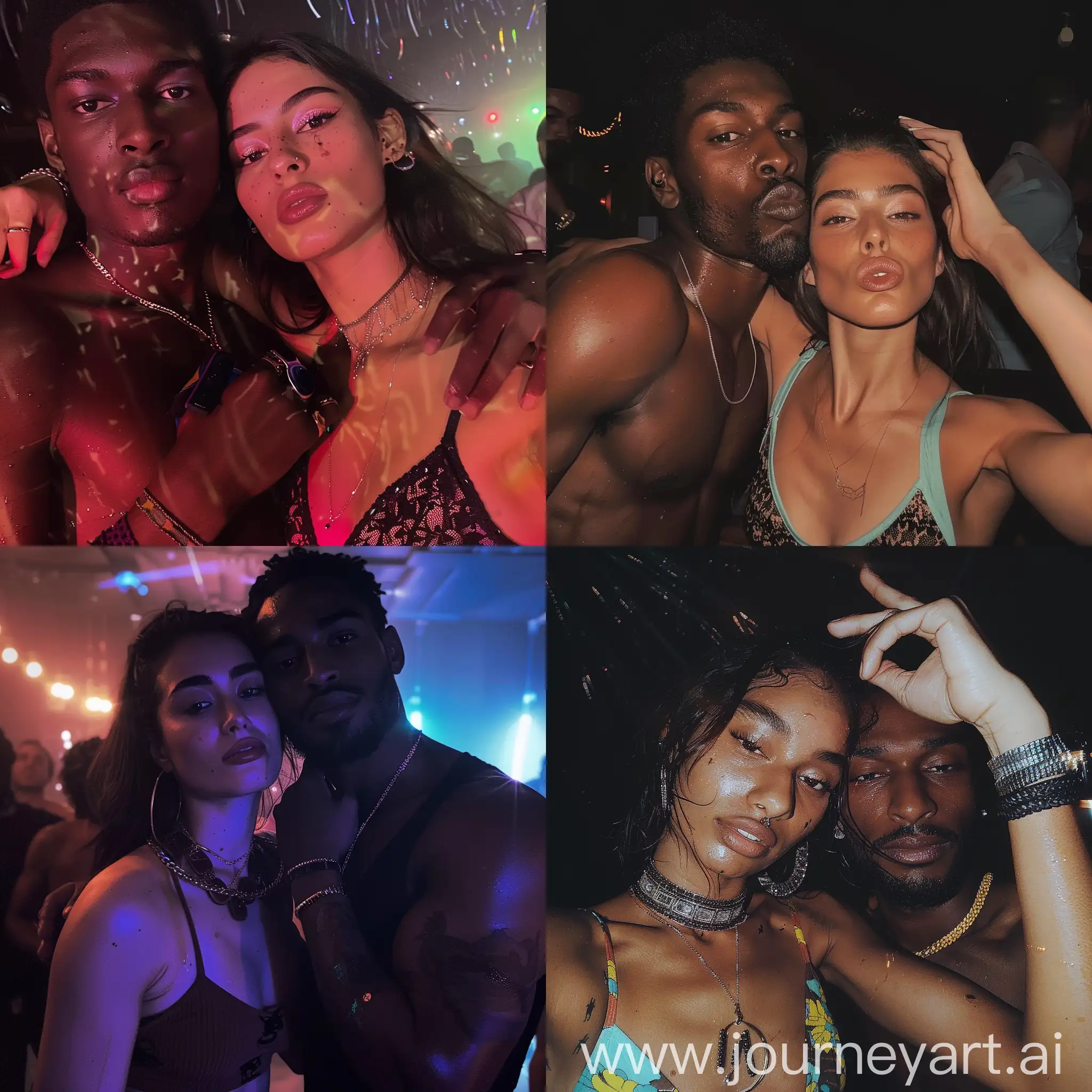Aesthetic Instagram selfie of an Iraqi woman in a party club crop-top having the best time of her life. Her tall robust African man is holding her throat possessively with his hand. They are sweating. She is doing the duck lips pose, and both are looking at the camera. the woman is beautiful and looks typically Iraqi
