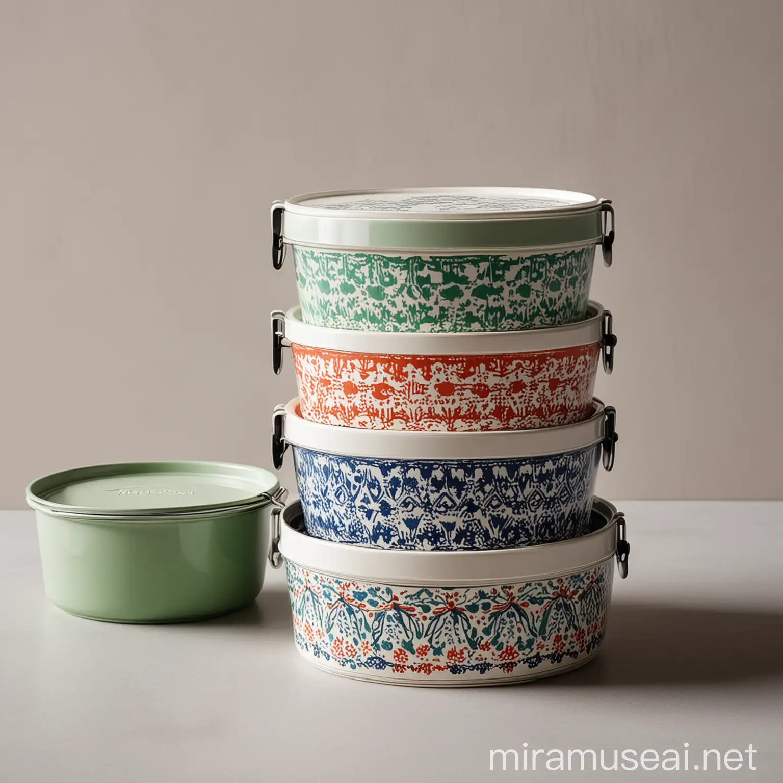 A tiffin design with cool modern western prints painted on it for the European market. the tiffin comes in different colours and patterns. Some have two containers and some have three. This design is very sleek and meant for food delivery. The brand name is sustainabowl