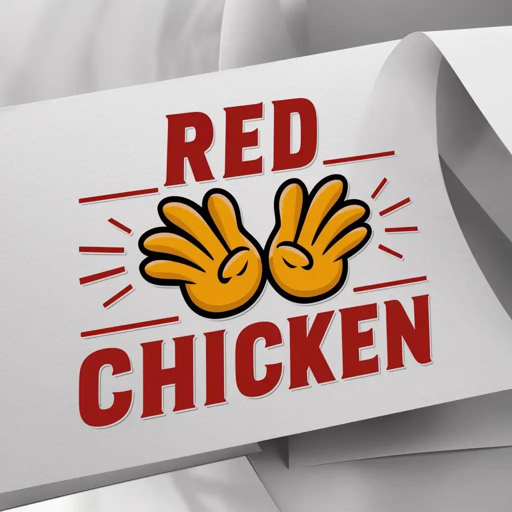 a logo design,with the text "Red Chicken", main symbol:The logo should include chicken paws with'Red Chicken'-. preferred color red yellow. must be white paper mockup,Moderate,clear background