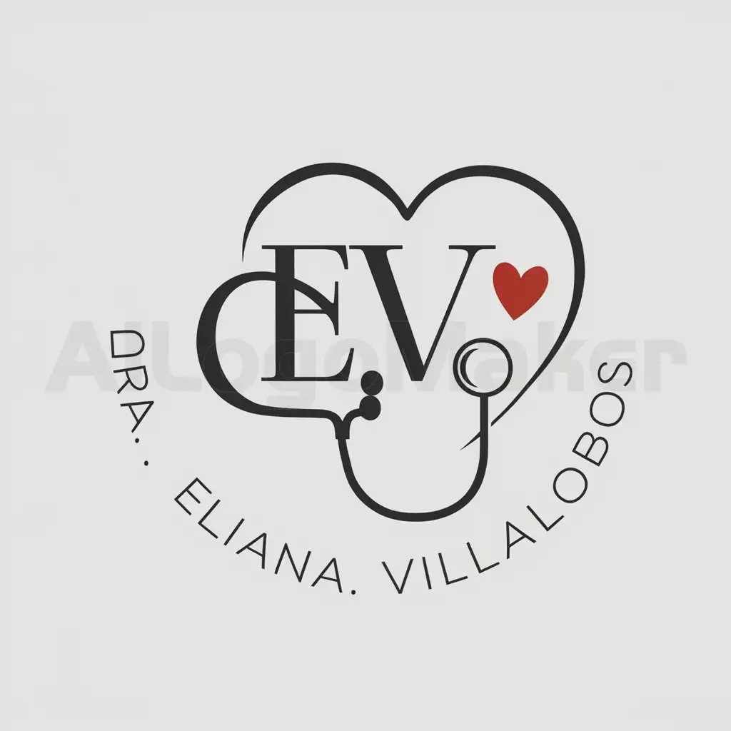 a logo design,with the text "Dra. Eliana Villalobos", main symbol:EV, stethoscope, heart,complex,clear background