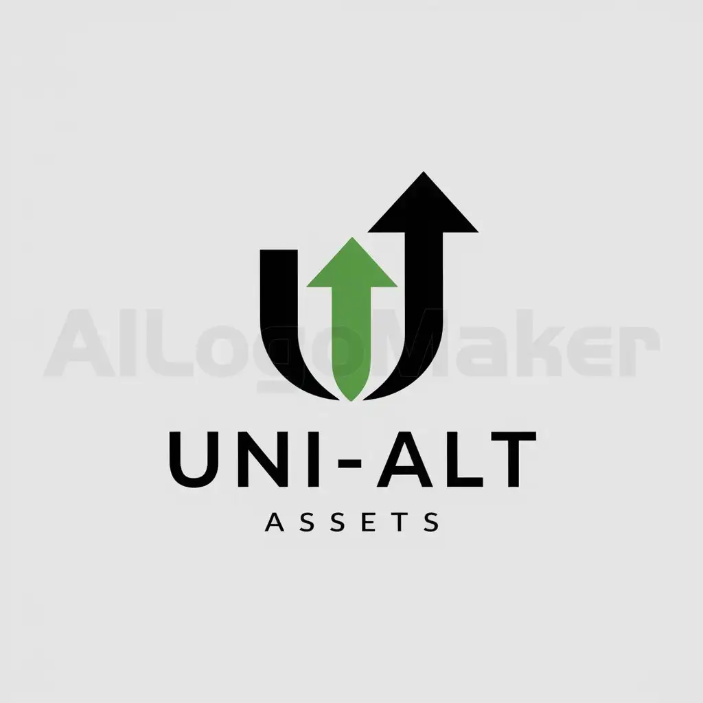 a logo design,with the text "Uni-Alt Assets", main symbol:up going trade with black and green colour,Minimalistic,be used in trading industry,clear background