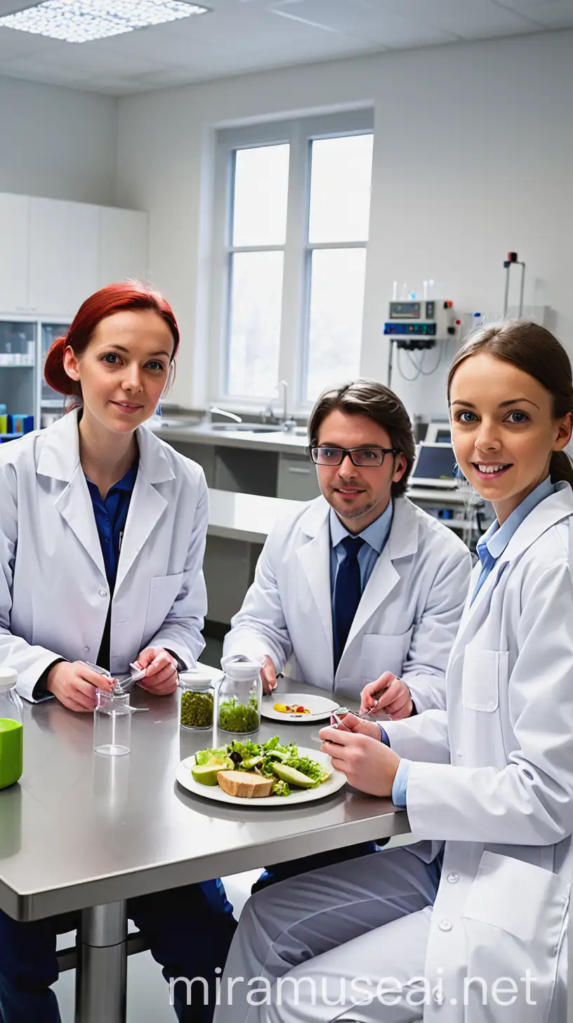 two females, one male, laboratory technicians, wearing labcaot white, sitting around a table having lunch