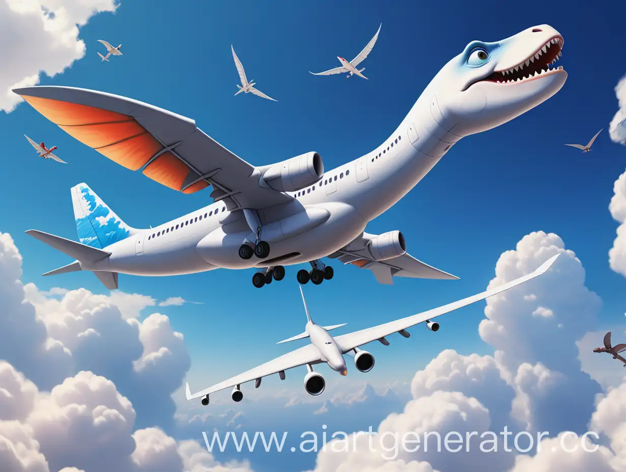 белый обычный самолет летит в небе, на фоне голубое небо и облака, видно часть самолета и крыло, на большом крыле должна происходить битва двух динозавров из мультиков, внутри самолета видно сидящих динозавриков