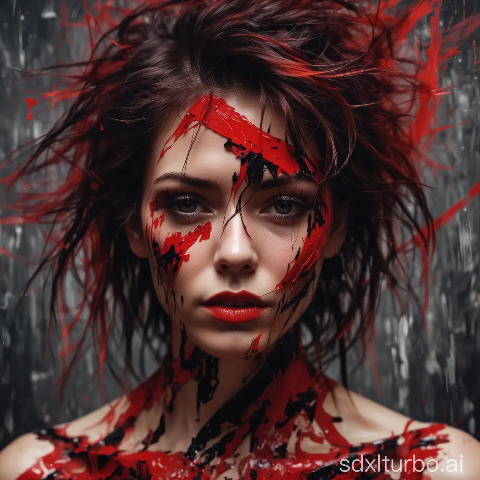 abstract female portrait,undefined hair,red and black color palette,blurred boundaries,upper body,fragmented visual style,evokes feelings of rebellion and passion,