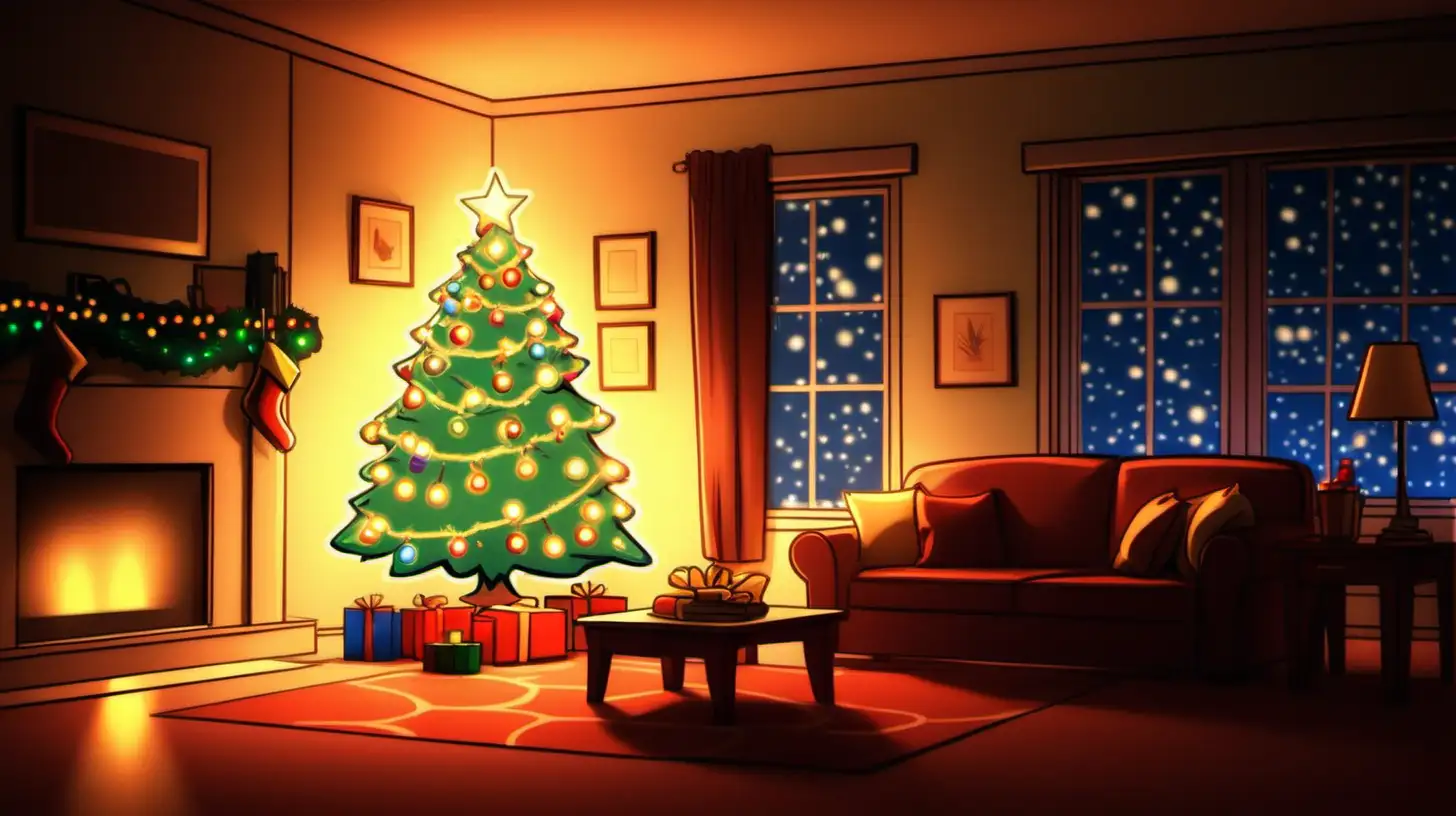 Cartoon Family Decorating Christmas Tree in Cozy Living Room