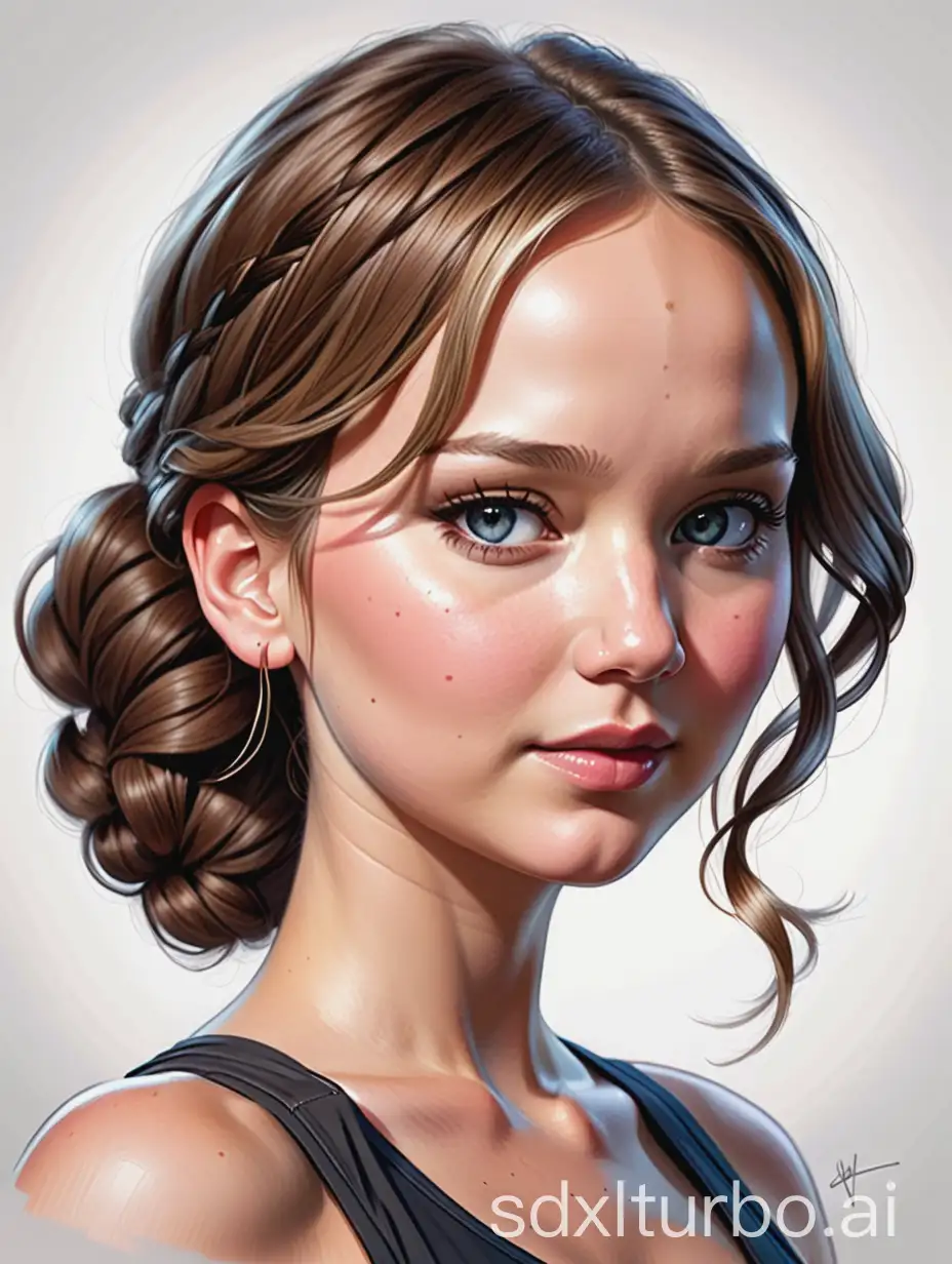 A (((vividly drawn caricature))) of Jennifer Lawrence as Katniss Everdeen from 'The Hunger Games,' with exaggerated features and a confident, powerful pose