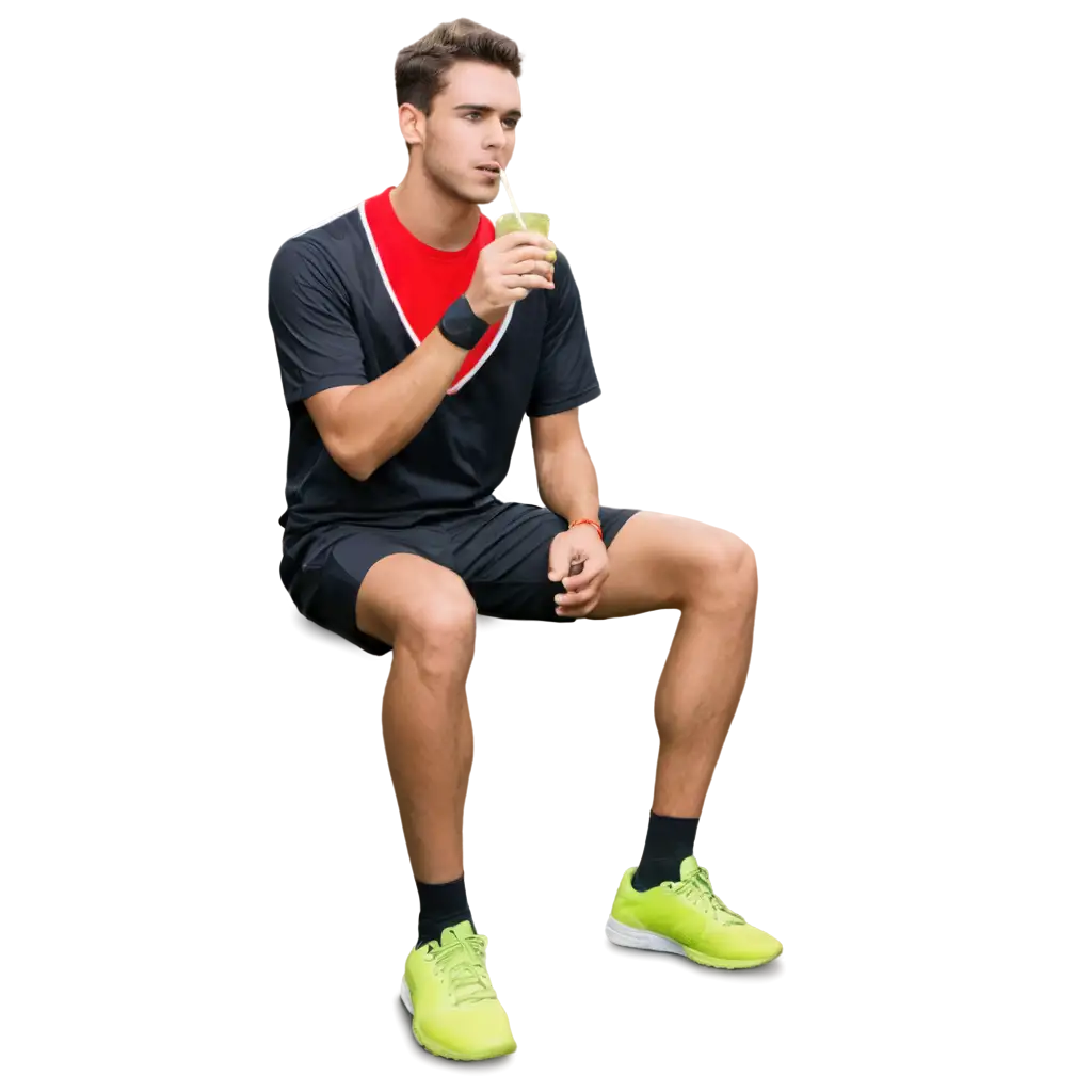 football player sit in stadion and drinking fruit cocktail