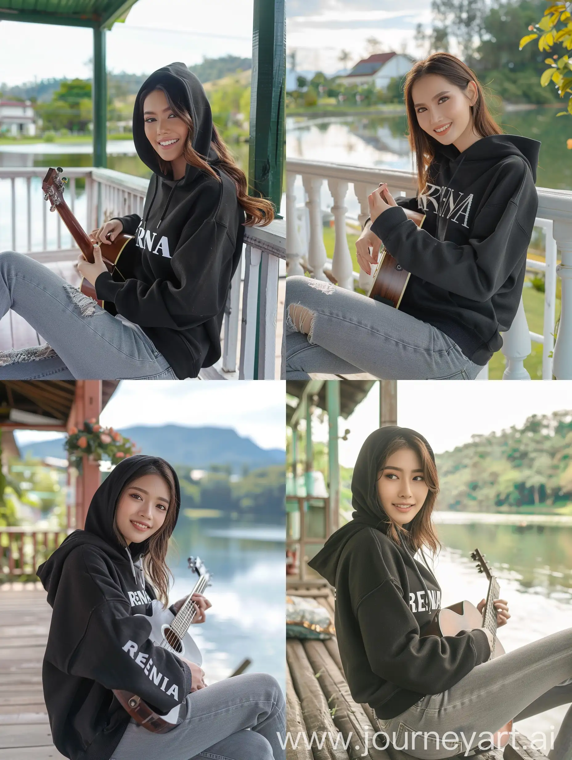 Thai-Woman-Playing-Guitar-by-Lake-in-Black-Hoodie-Authentic-Portrait-in-HD-16K