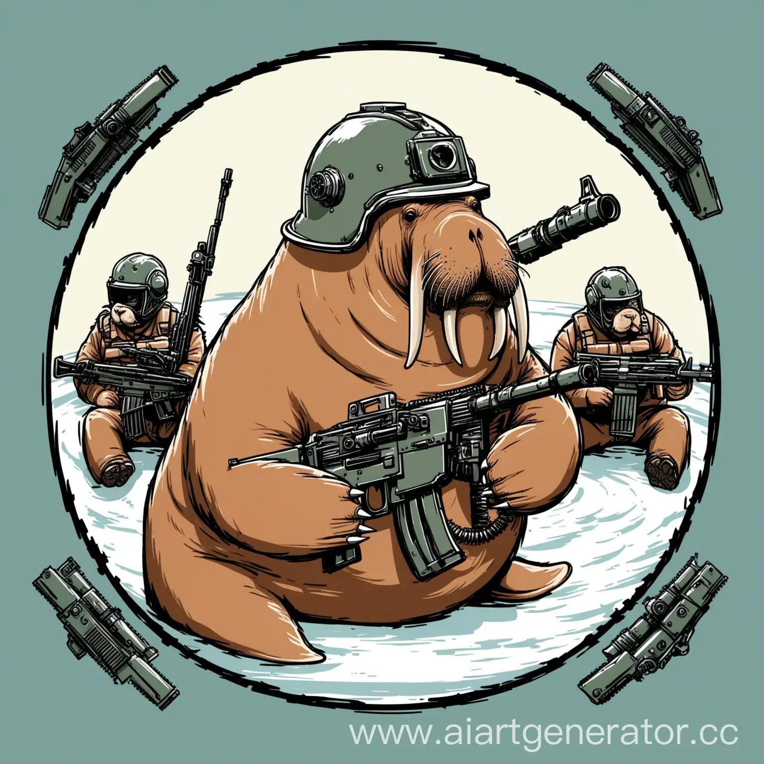 Walrus-with-Machine-Gun-and-Helmet-in-a-Circle