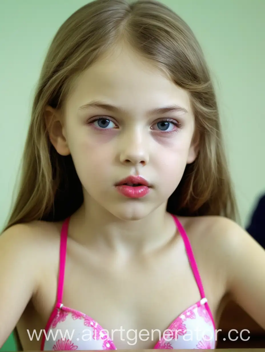 A 12 years innocent child russian  in classroom, most beautiful girl in the world, close-up, pink lips,  pellucid swimbra,