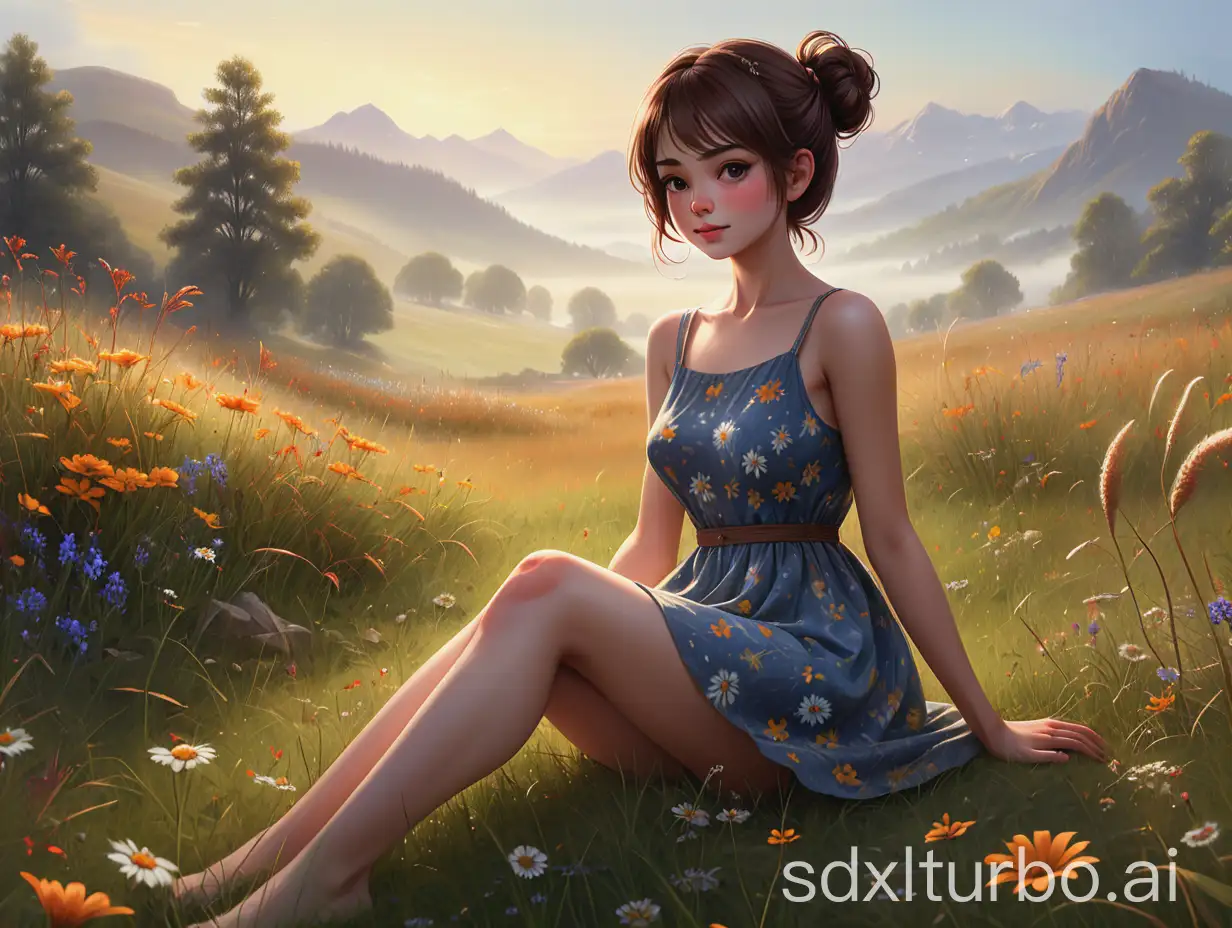 An ultra-detailed, ultra-realistic photo of a gorgeous and playful woman sitting on the grassland with her legs fixed naturally. She has short dark reddish-brown bun hair and is wearing a mini floral dress. The background is a serene, windy and enchanting landscape, characterized by an abundance of wildflowers in a meadow, illuminated by the soft, golden light of the rising sun. The flowers are a mix of warm yellows, oranges, and cool blues, creating a harmonious contrast that enhances the natural beauty of the scene. The background features distant mountains shrouded in a gentle mist, adding to the ethereal atmosphere. The foliage in the foreground, with its warm autumnal hues, frames the scene beautifully, giving it a dreamlike quality. The overall mood is peaceful and idyllic, evoking a sense of tranquility and connection with nature., wide aspect ratio