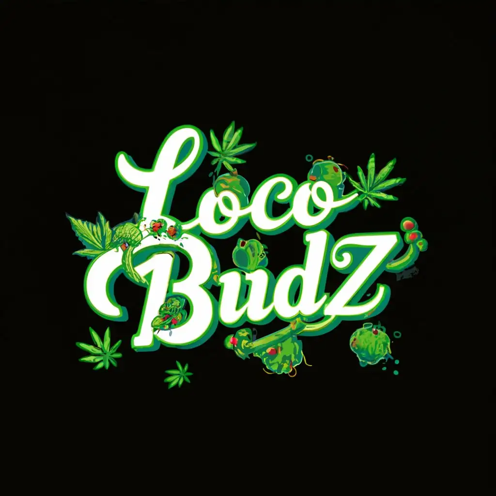 a logo design,with the text "loco budz", main symbol:marijuana theme, hemp theme, cursive letter, snowballs in background,complex,be used in Others industry,clear background