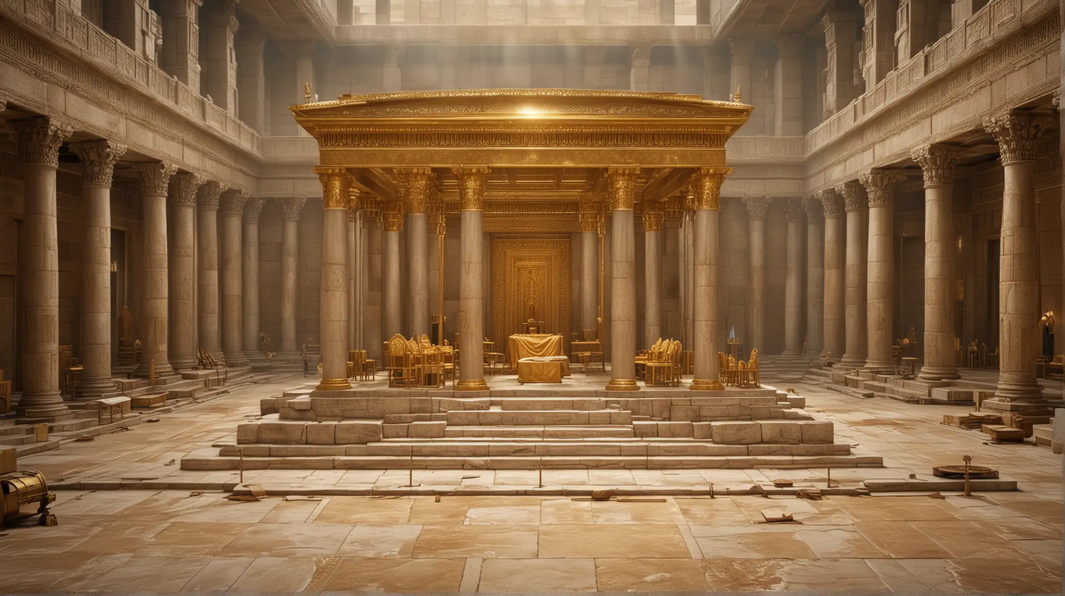 King Solomon's Temple, in all its glory, with high ceilings, and a gold altar. Set during the biblical era of King Solomon.