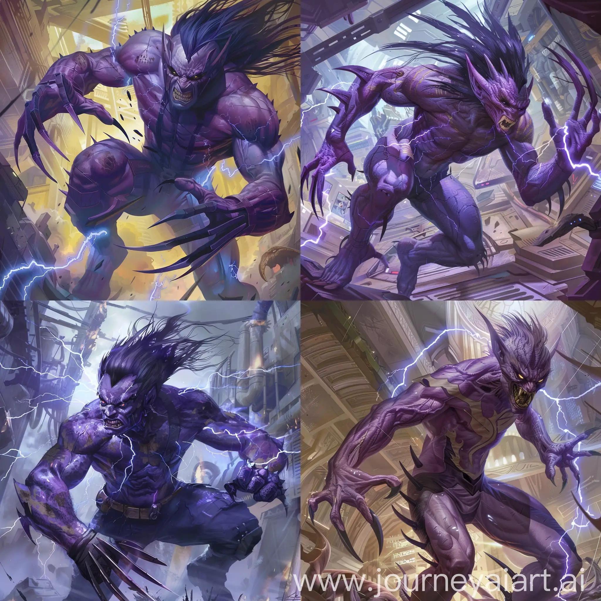 Create an awe-inspiring digital painting of a powerful lavender colored male humanoid with long sharp claws. The background is a fantasy world with a hint of dystopian atmosphere. The  the humanoid is striking a fierce pose and has lavender colored skin, black eyes, and dark purple hair with lightning pulsing from his sharp claws. He is inspired by Dark Jak from the Jak and Daxter series. The artwork should be rendered in ultra-high 8k resolution to capture the essence of the mighty warrior.
