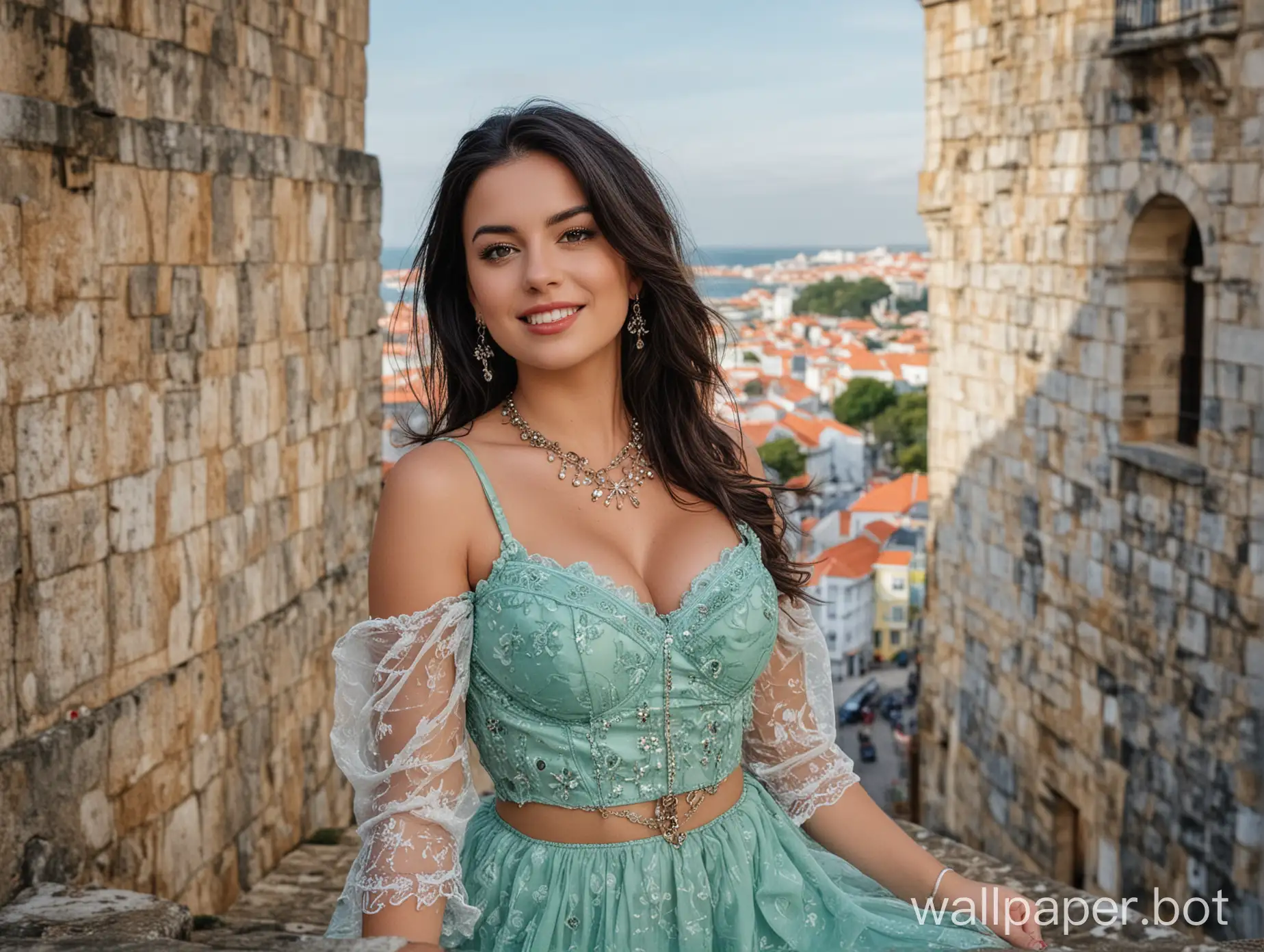 camera shot head to feet full shot.
Generate an image of most beautiful Portugal
 actress 30 year old cute pretty big chest busty , big tits , wearing Cyan
 color mesh lingerie dress , with a fair white skin tone and long hair black. She has a round face smile . The background is 1. **Lisbon**: The capital city boasts a captivating blend of historic architecture, vibrant culture, and scenic viewpoints like São Jorge Castle and Belém Tower.
 She is wearing makeup and has a necklace , ear ring and bracelet on.
