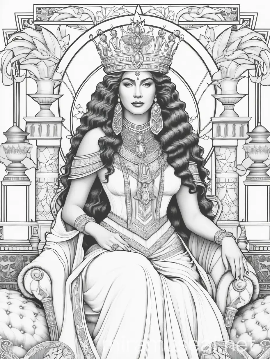 a line drawing of a queen coloring book style, isolated white background. 