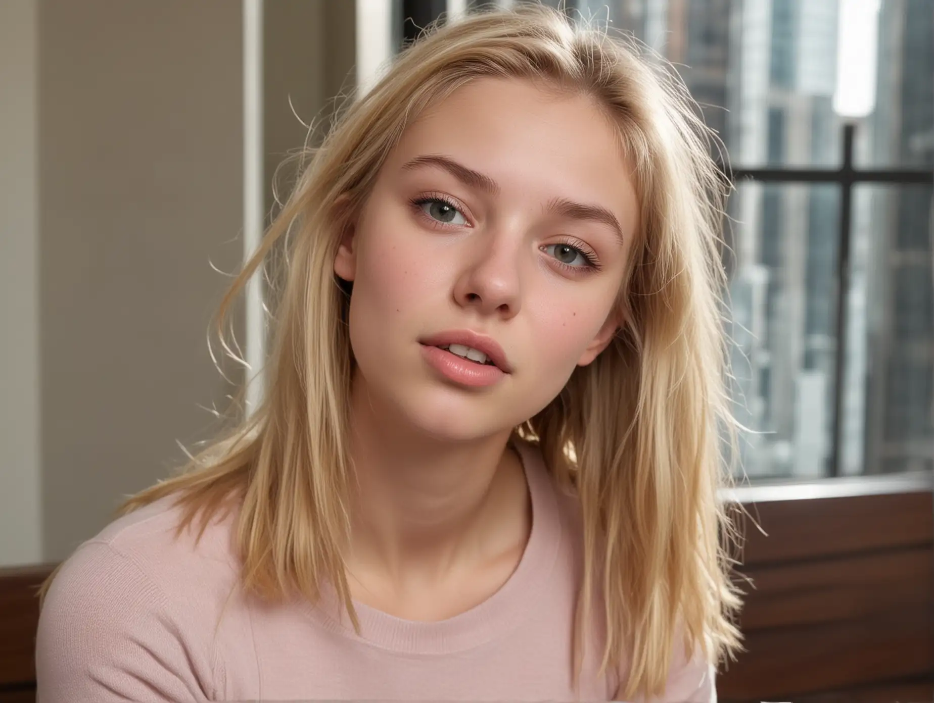 Face of a petite slender sweet blond 19 year old model with a tiny perky upturned nose and a tiny mouth blushing and looking up in shocked amazement at the camera from a bench in the entry lobby of a high-rise office building.