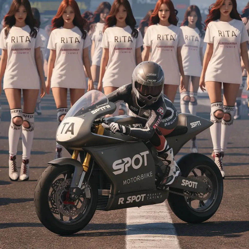 a beauty Korean woman is doing a freestyle stunt on his spot motorbike which has the number plate "R 1 TA". The background of the circuit track is filled with beautiful girls who only wear long white t-shirts that reach above the knees with the words "Rita" house racing team" on the chest. The visuals are very detailed, super realistic, HD quality