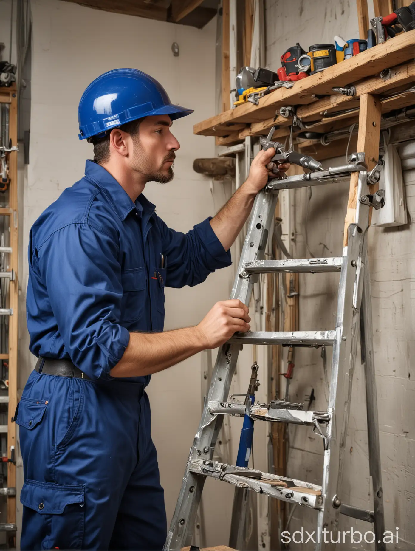 A plumber wearing a blue uniform and a hard hat is working on a pipe. He is using a wrench to tighten a joint. The plumber is standing on a ladder and is surrounded by tools and materials.