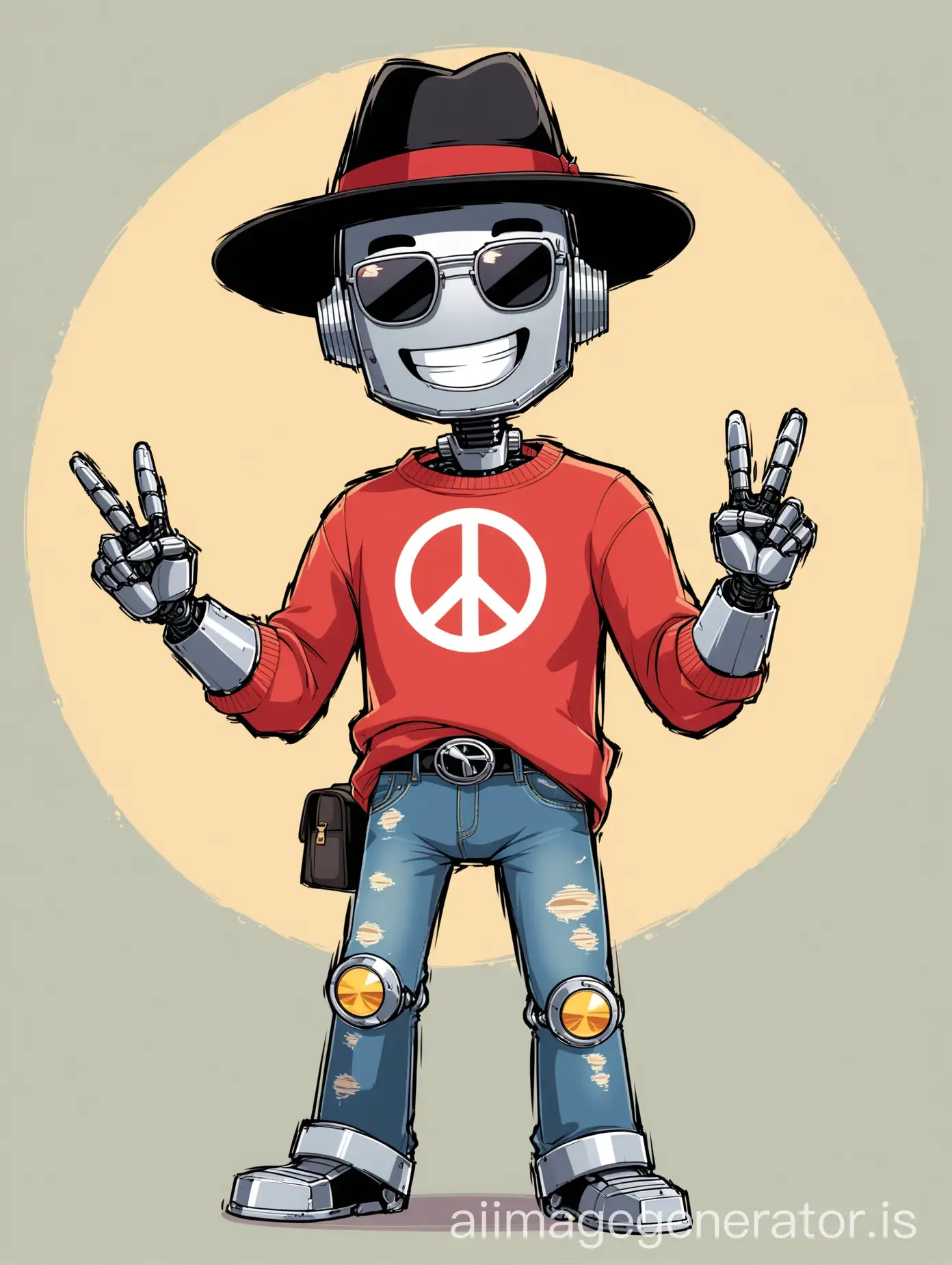 A silver robot man has a black fedora hat and wears a red 
sweater, ripped jeans (with sunglasses), smiling (opens his mouth), and a peace sign In Cartoon Animation