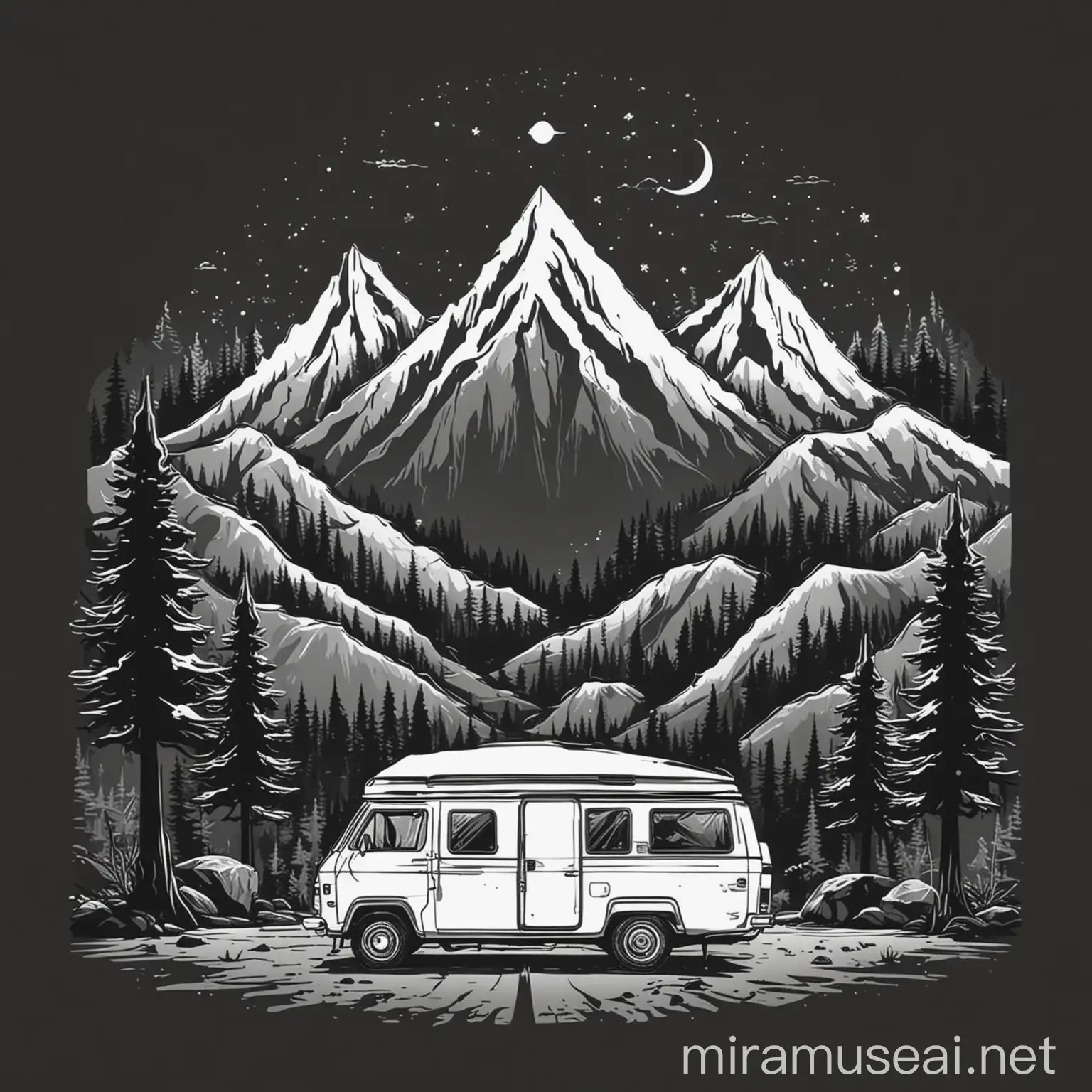 black and white very simple ilustration with tent, mountains, tree, vanlife, camper, traverl, vector graphic. contur only, funy, natural and text van life 
