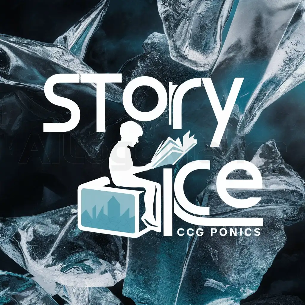 a logo design,with the text "story ice", main symbol:a young person who is reading a story,complex,clear background